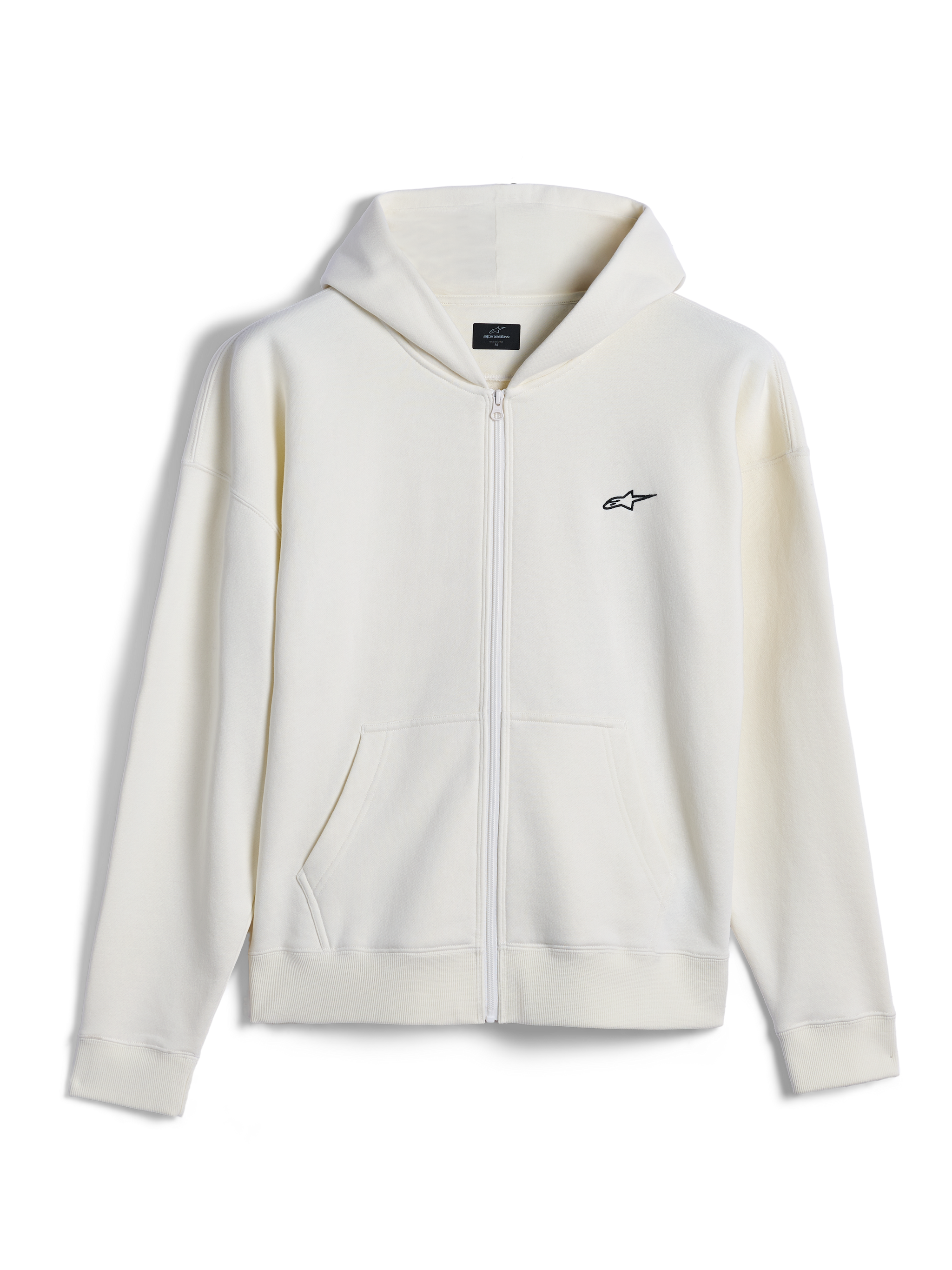 Alpinestars Essentials Ageless Zip Hoodie, felpa casual streetwear, bianco sporco con piccolo logo Alpinestars nero, chiusura frontale con zip, tasca a marsupio divisa, vestibilità rilassata, design in pile compatto premium