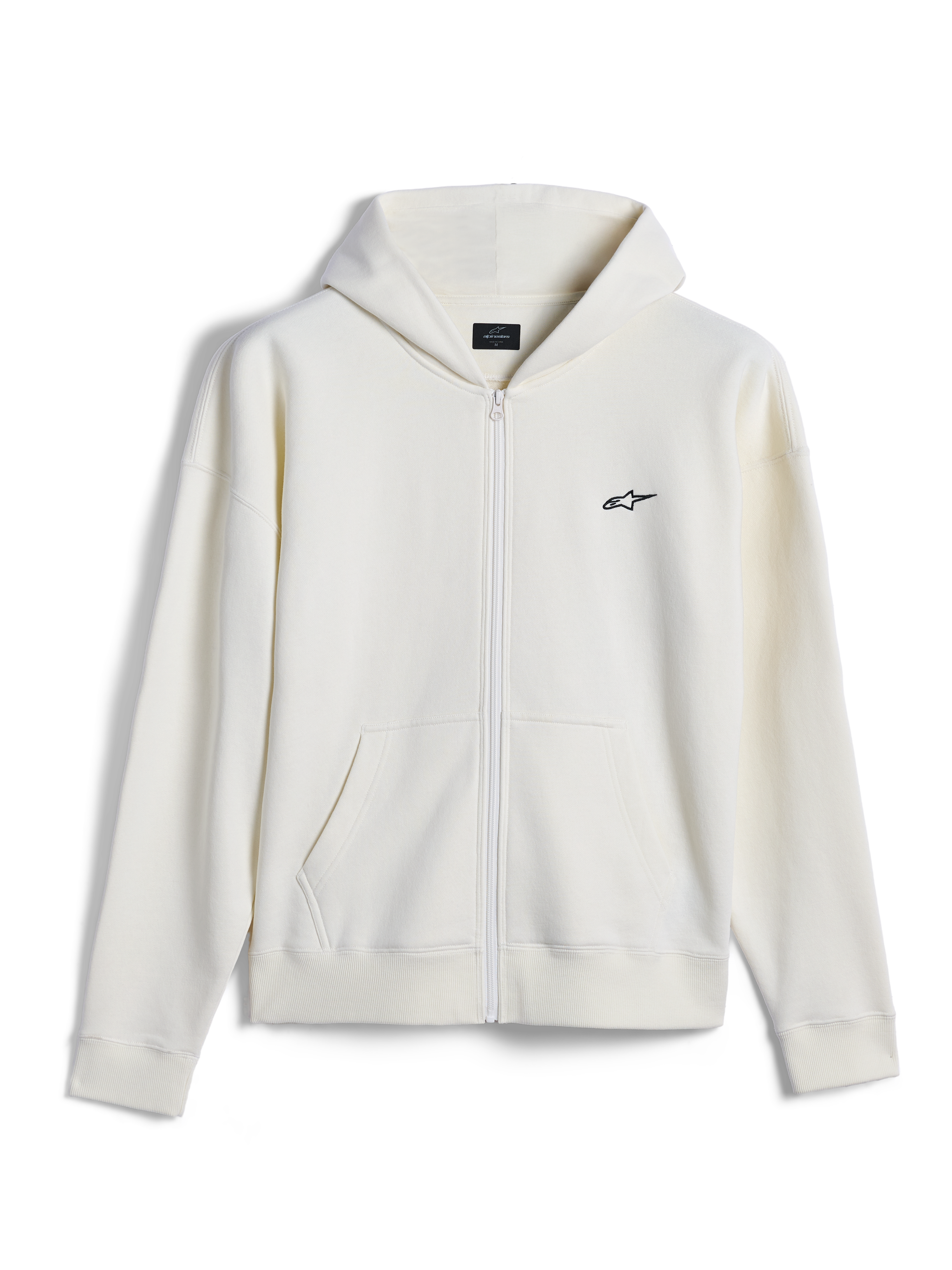 Alpinestars Essentials Ageless Zip Hoodie, felpa casual streetwear, bianco sporco con piccolo logo Alpinestars nero, chiusura frontale con zip, tasca a marsupio divisa, vestibilità rilassata, design in pile compatto premium