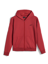 Alpinestars Essentials Ageless Zip Hoodie, felpa con cappuccio e zip integrale, colore rosso mattone, piccolo logo Alpinestars nero sul petto, abbigliamento streetwear casual, polsini e orlo a costine