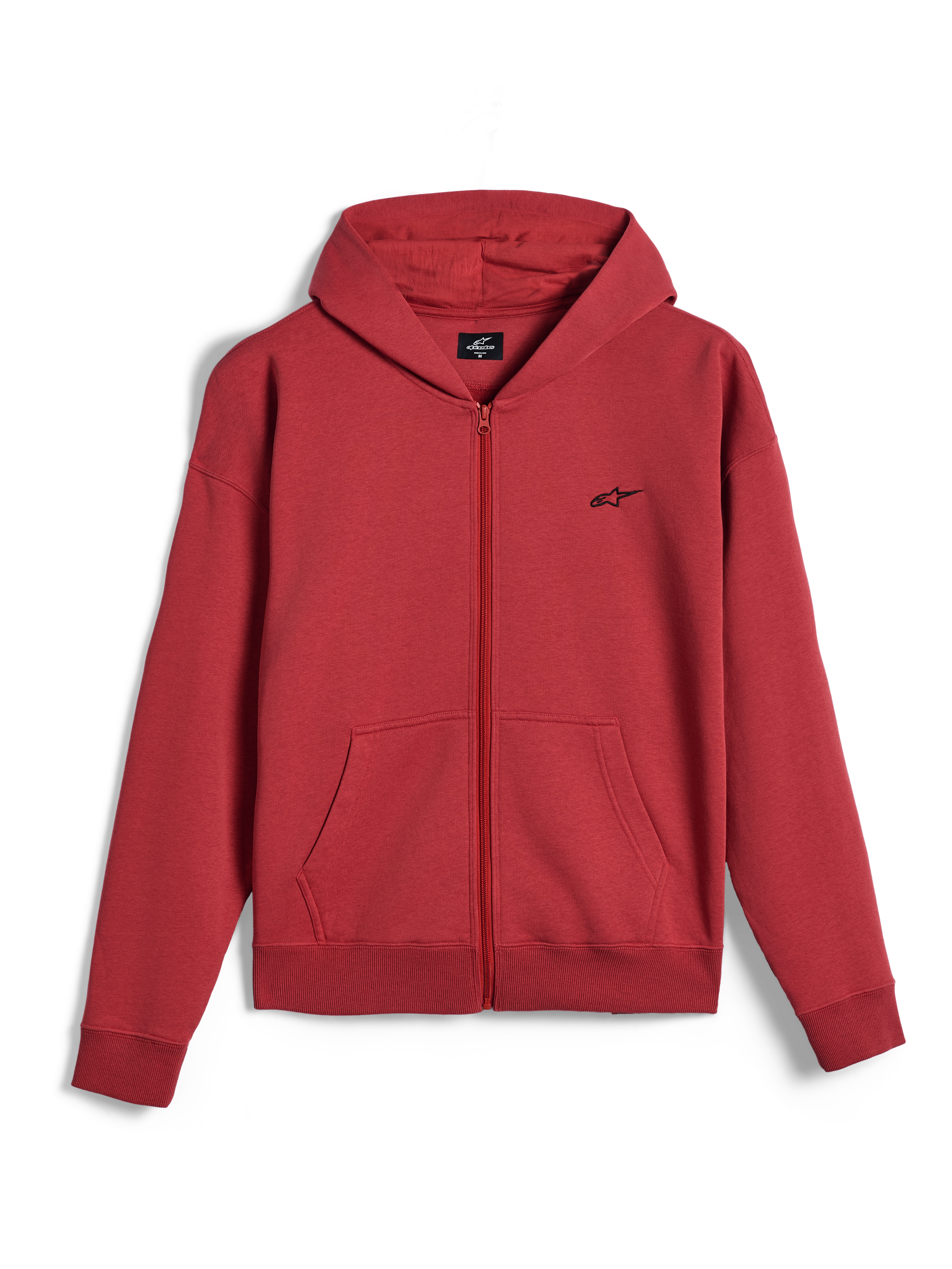 Alpinestars Essentials Ageless Zip Hoodie, felpa con cappuccio e zip integrale, colore rosso mattone, piccolo logo Alpinestars nero sul petto, abbigliamento streetwear casual, polsini e orlo a costine