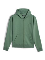 Alpinestars Essentials Ageless Zip Hoodie, streetwear casual, verde Cactus con piccolo logo Alpinestars nero, chiusura frontale con zip integrale, felpa con cappuccio con tasche a marsupio divise, polsini e fondo a costine, design ispirato al motorsport