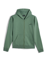 Alpinestars Essentials Ageless Zip Hoodie, streetwear casual, verde Cactus con piccolo logo Alpinestars nero, chiusura frontale con zip integrale, felpa con cappuccio con tasche a marsupio divise, polsini e fondo a costine, design ispirato al motorsport