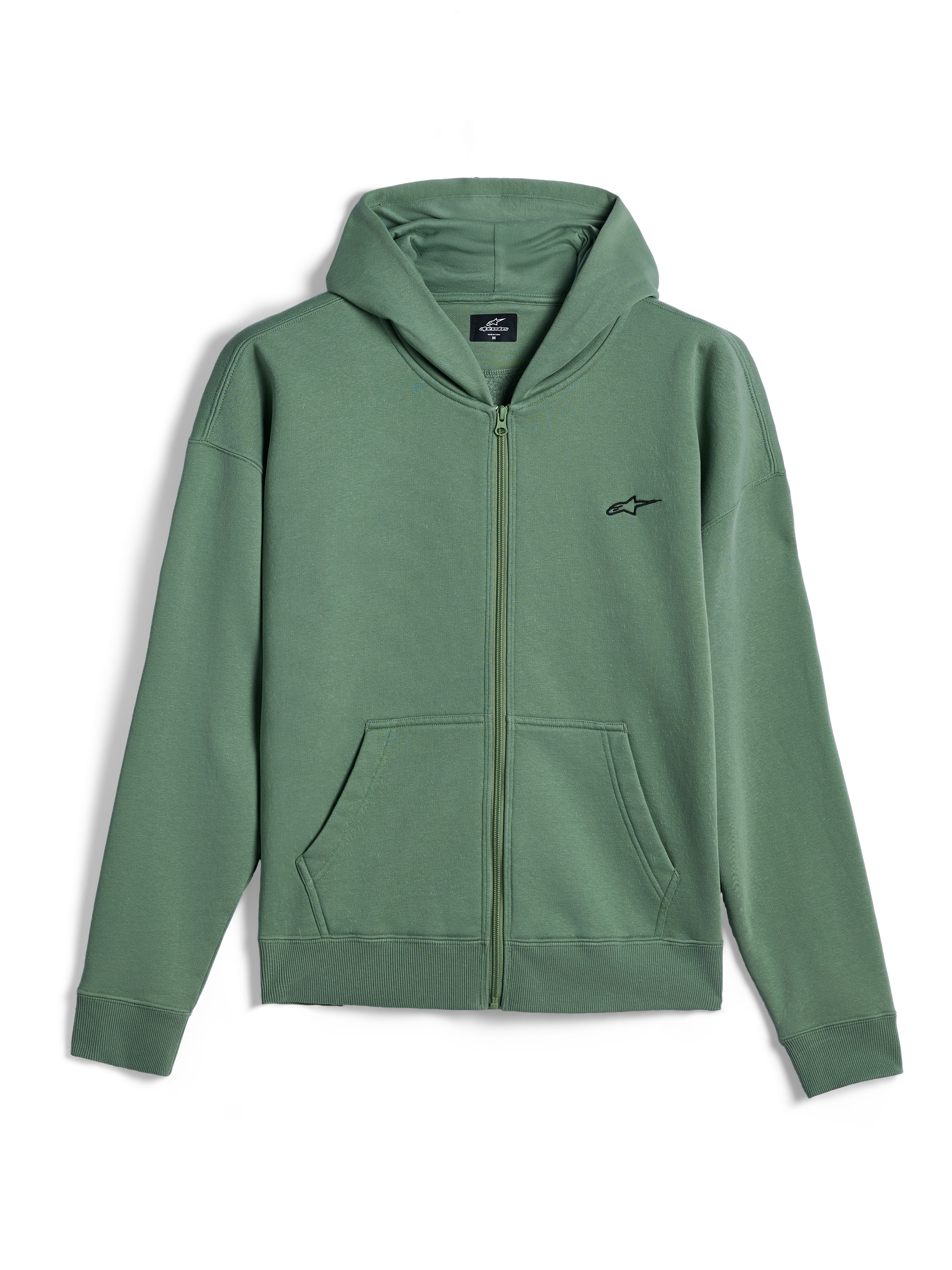 Alpinestars Essentials Ageless Zip Hoodie, streetwear casual, verde Cactus con piccolo logo Alpinestars nero, chiusura frontale con zip integrale, felpa con cappuccio con tasche a marsupio divise, polsini e fondo a costine, design ispirato al motorsport