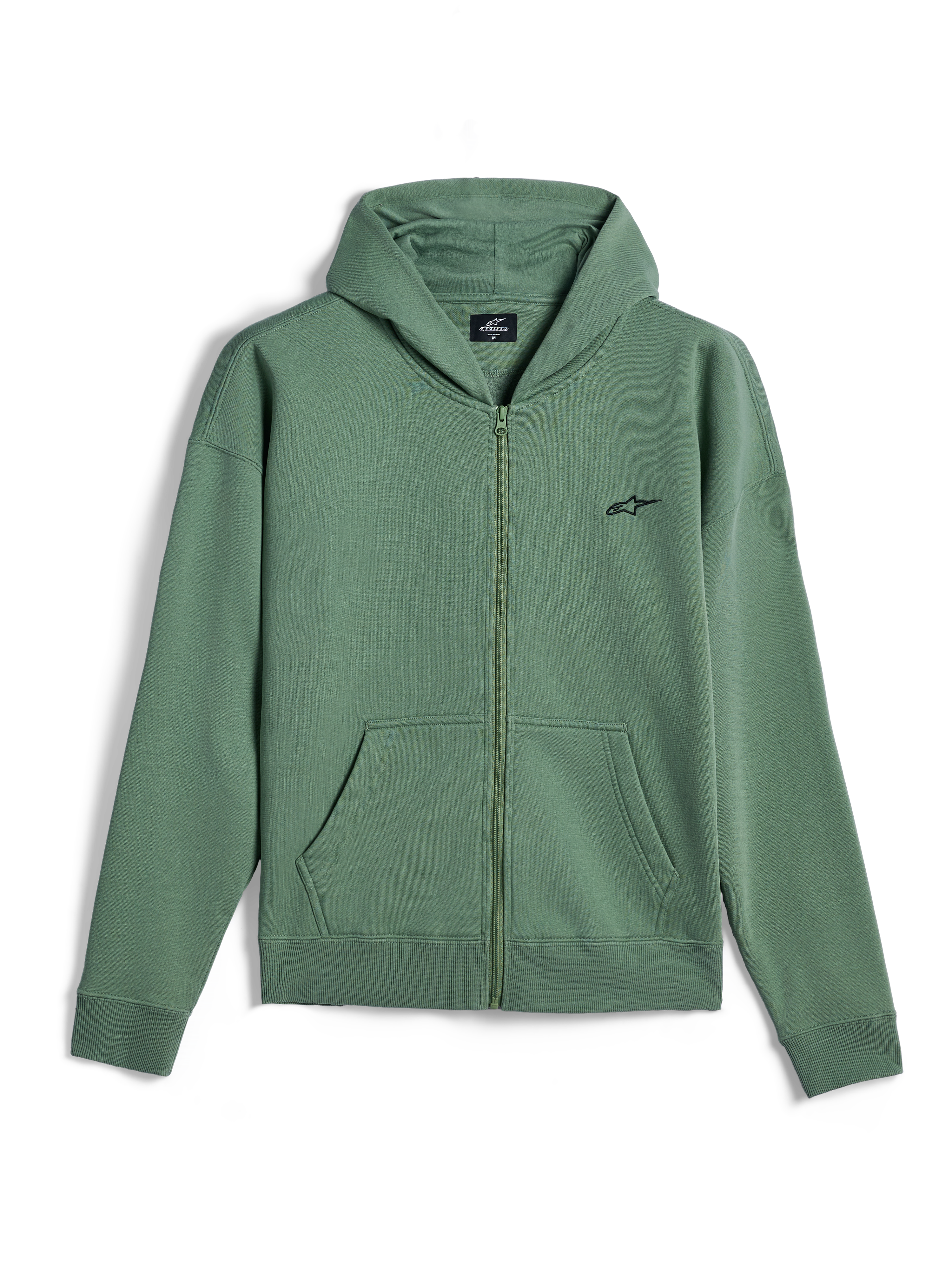 Alpinestars Essentials Ageless Zip Hoodie, streetwear casual, verde Cactus con piccolo logo Alpinestars nero, chiusura frontale con zip integrale, felpa con cappuccio con tasche a marsupio divise, polsini e fondo a costine, design ispirato al motorsport