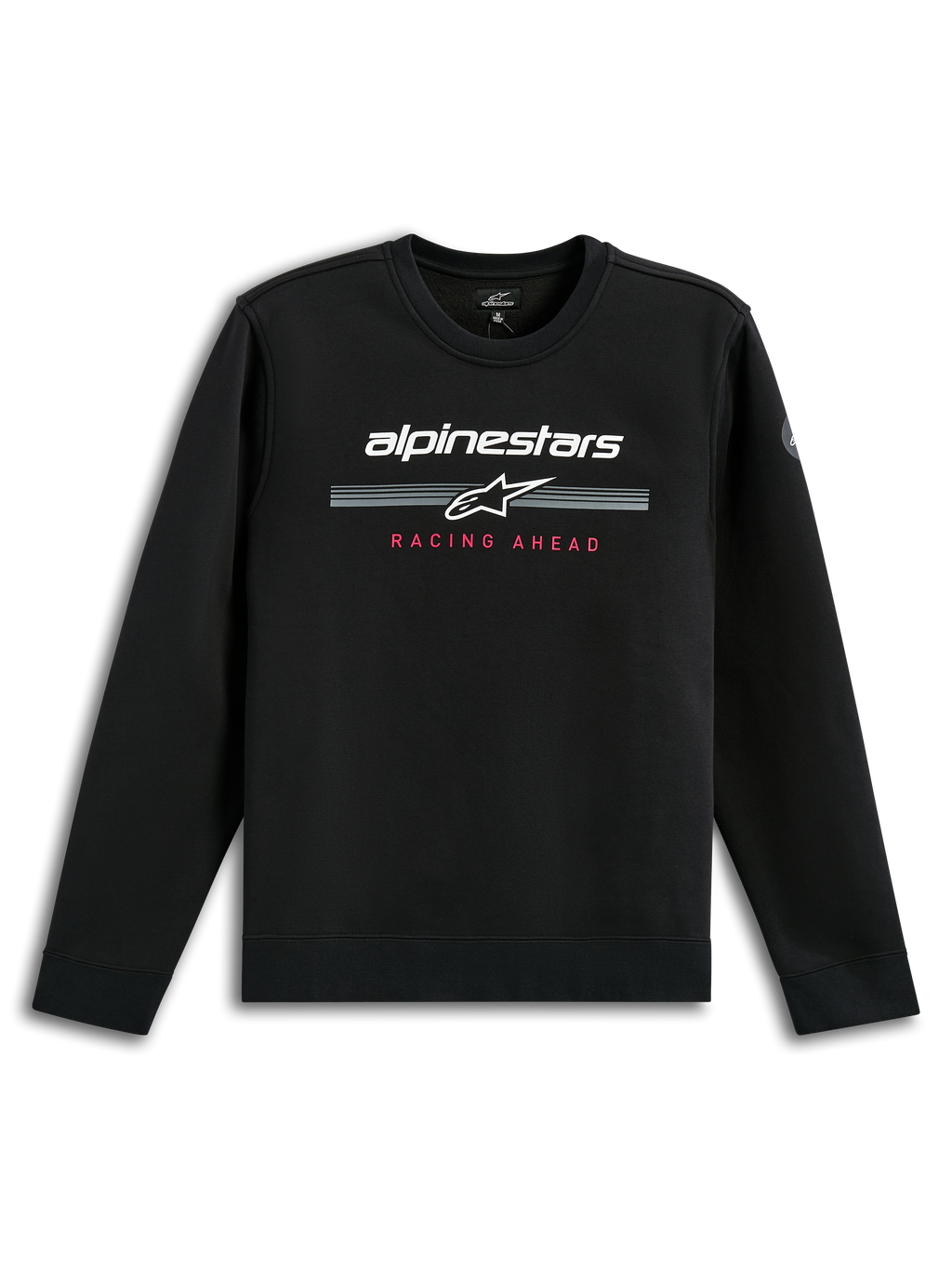 Alpinestars Bettern Crew, felpa girocollo nera, marchio Alpinestars bianco con strisce racing grigie, scritta rossa 'Racing Ahead', streetwear casual ispirato al motorsport