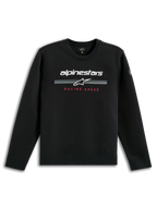 Alpinestars Bettern Crew, felpa girocollo nera, marchio Alpinestars bianco con strisce racing grigie, scritta rossa 'Racing Ahead', streetwear casual ispirato al motorsport
