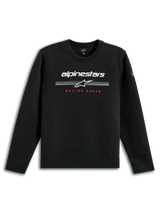 Alpinestars Bettern Crew, felpa girocollo nera, marchio Alpinestars bianco con strisce racing grigie, scritta rossa 'Racing Ahead', streetwear casual ispirato al motorsport
