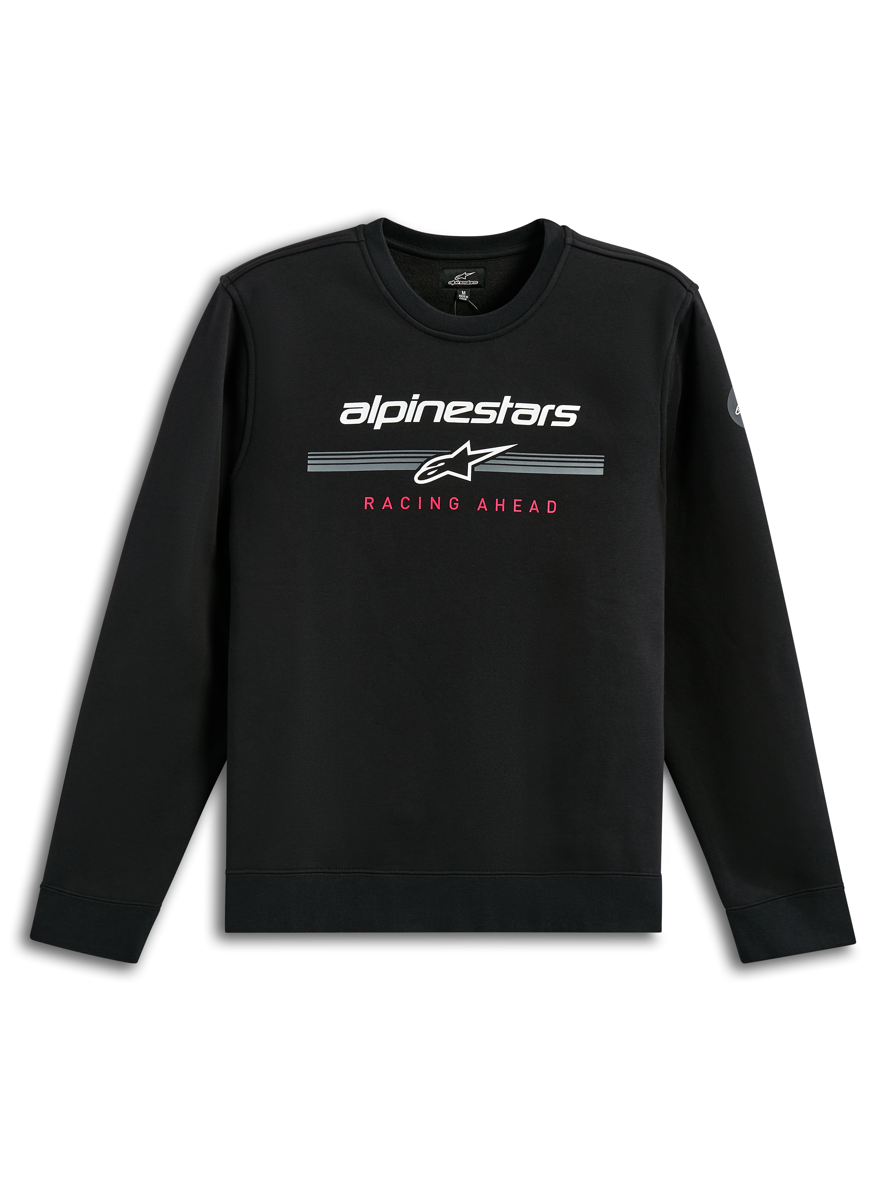 Alpinestars Bettern Crew, felpa girocollo nera, marchio Alpinestars bianco con strisce racing grigie, scritta rossa 'Racing Ahead', streetwear casual ispirato al motorsport