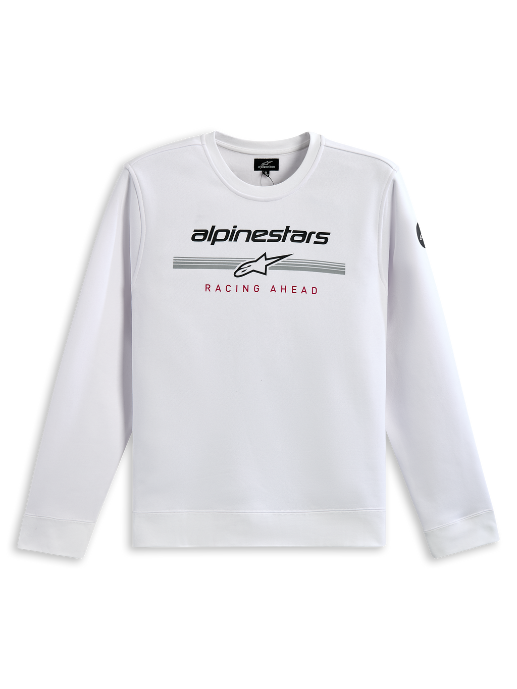 Alpinestars Bettern Crew Sweatshirt, bianca, con marchio Alpinestars nero, strisce racing grigie con logo a stella bianco e stampa 'RACING AHEAD' rossa, streetwear casual ispirato al motorsport