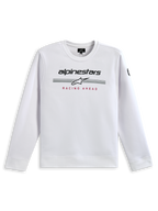 Alpinestars Bettern Crew Sweatshirt, bianca, con marchio Alpinestars nero, strisce racing grigie con logo a stella bianco e stampa 'RACING AHEAD' rossa, streetwear casual ispirato al motorsport