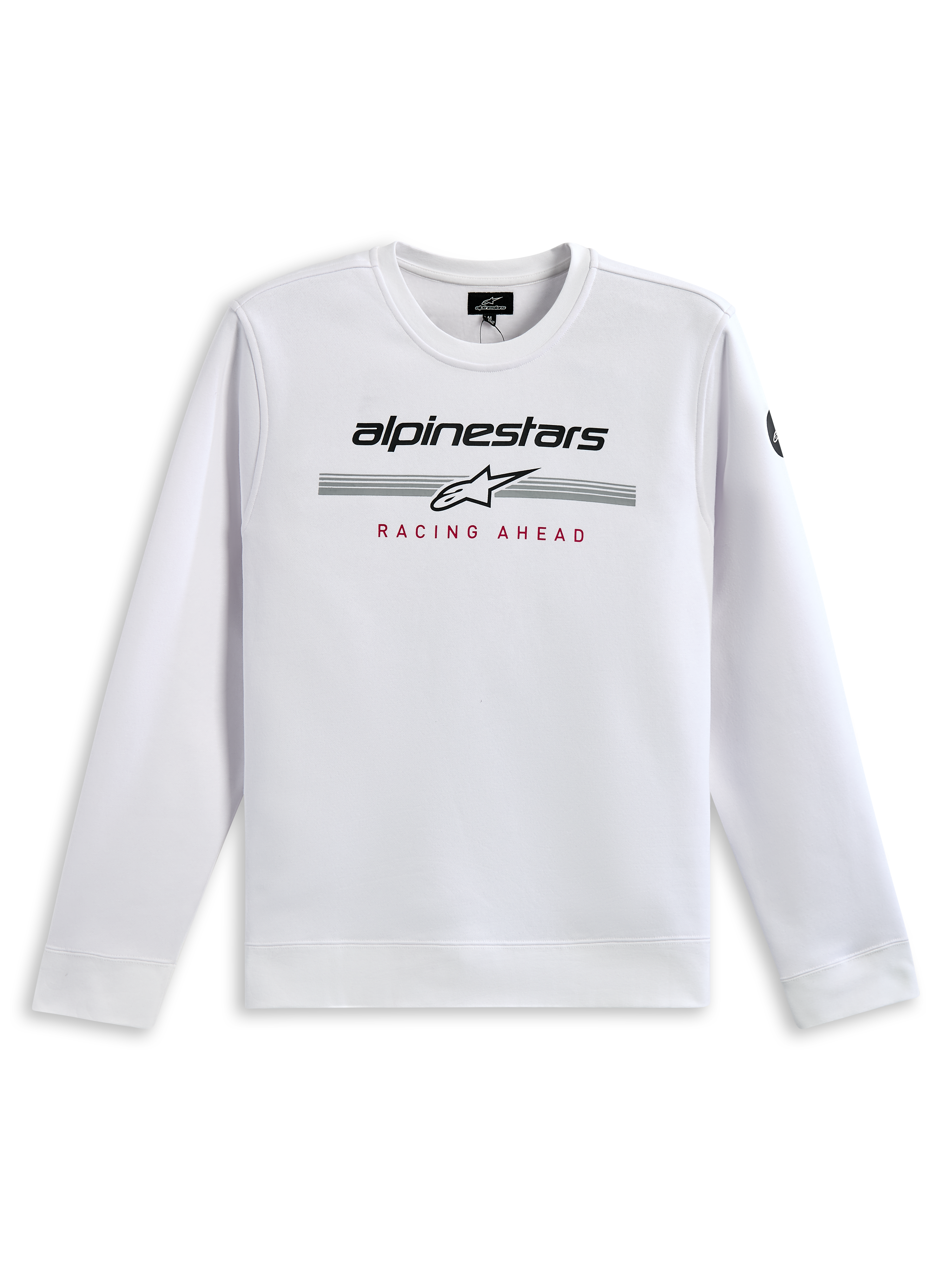 Alpinestars Bettern Crew Sweatshirt, bianca, con marchio Alpinestars nero, strisce racing grigie con logo a stella bianco e stampa 'RACING AHEAD' rossa, streetwear casual ispirato al motorsport