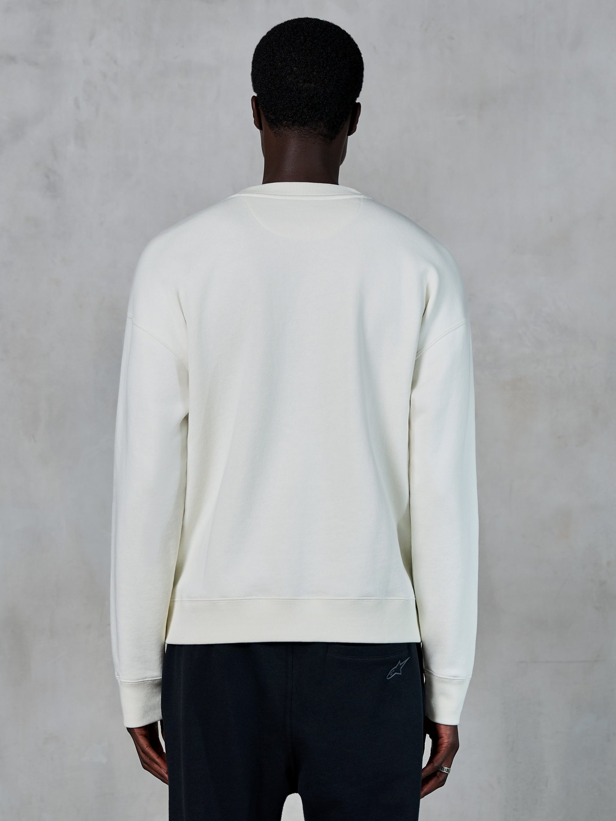 Alpinestars Essentials Ageless Crew, felpa girocollo off-white, vista posteriore, abbigliamento sportivo casual, con polsini e orlo a costine, design essenziale con vestibilità rilassata, pregiato tessuto in morbido pile