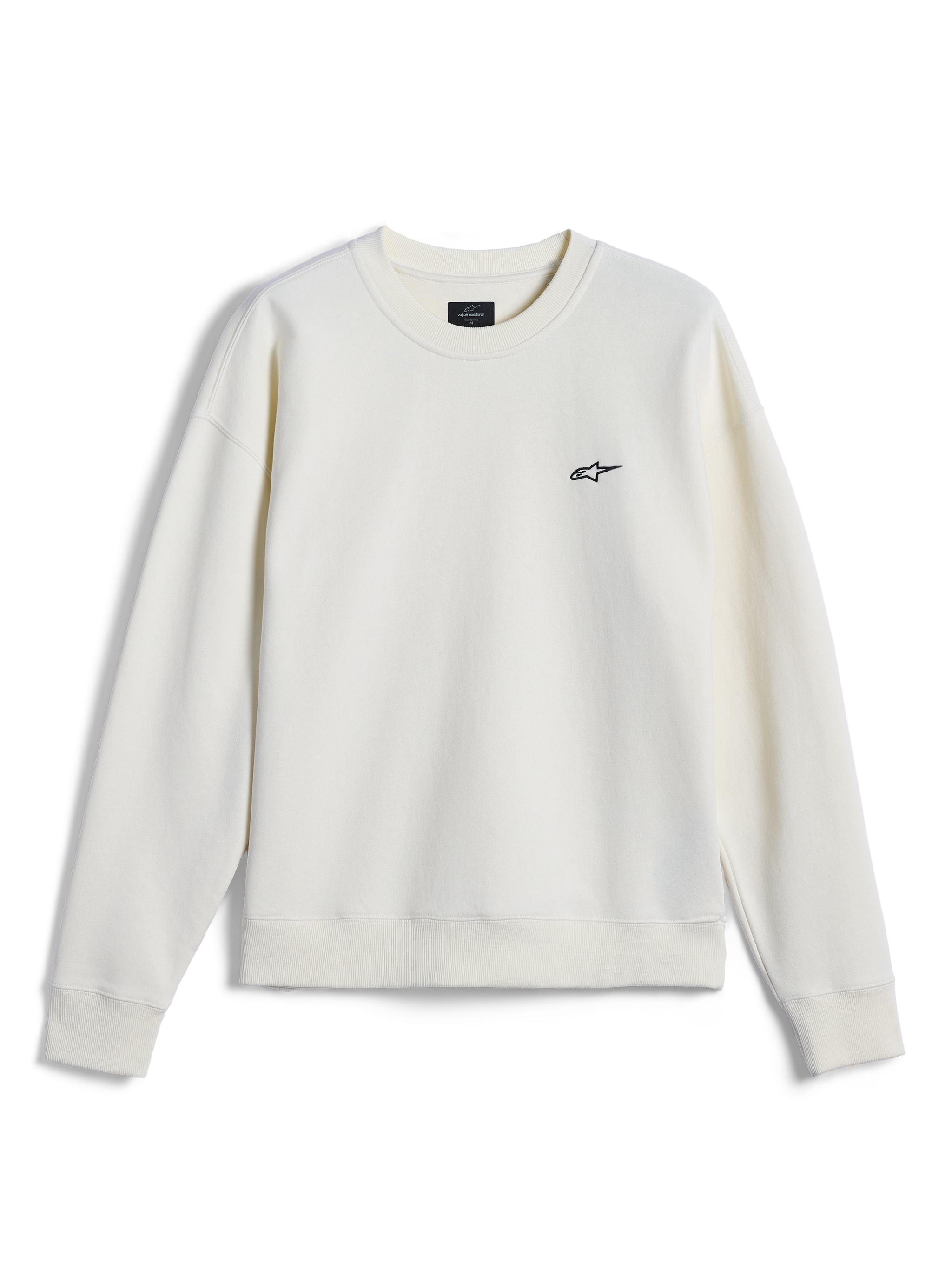Alpinestars Essentials Ageless Crew, felpa girocollo, bianco panna, piccolo logo Alpinestars nero sul petto, colletto, polsini e orlo a costine, streetwear casual ispirato al motorsport