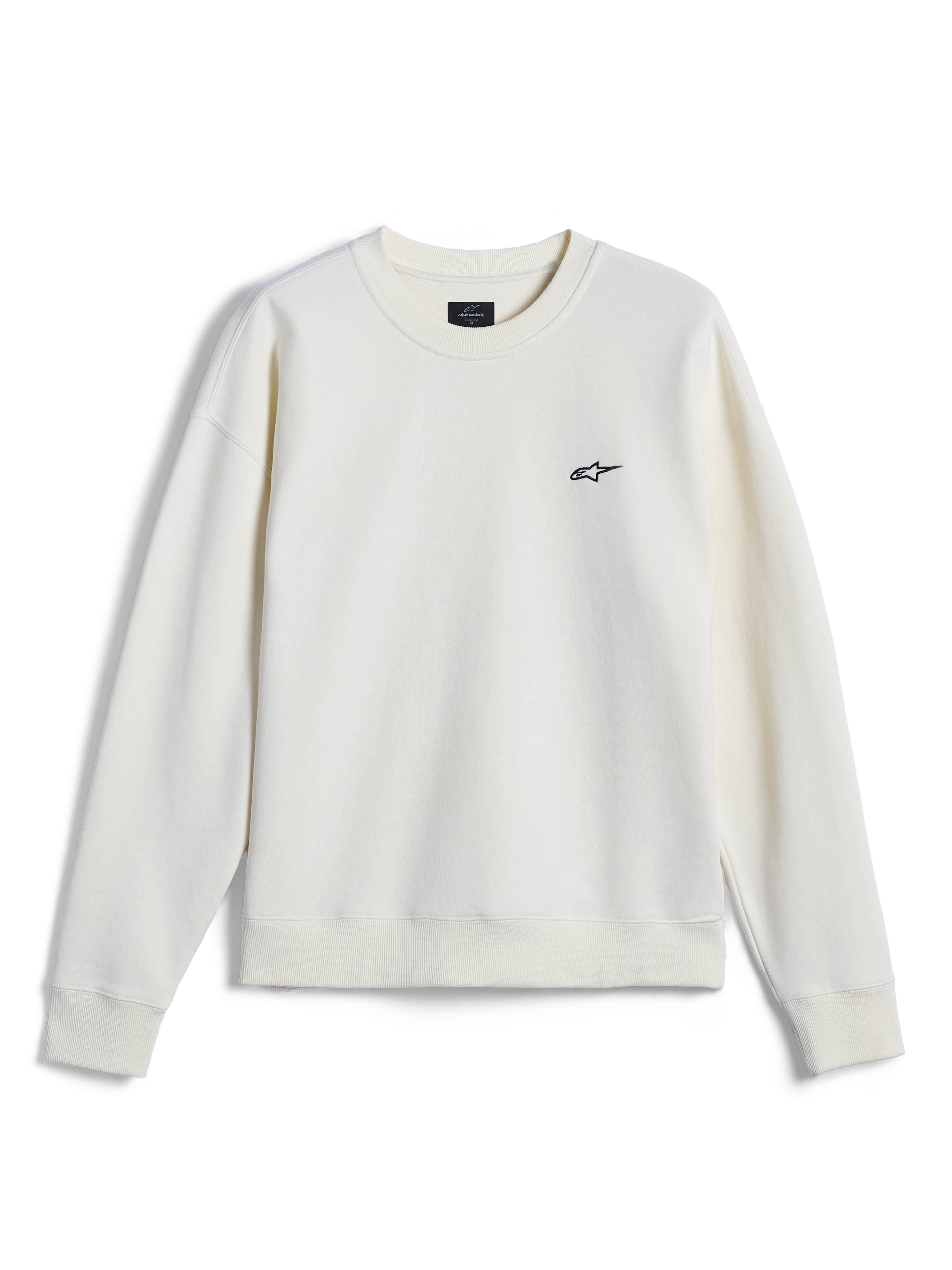 Alpinestars Essentials Ageless Crew, felpa girocollo, bianco panna, piccolo logo Alpinestars nero sul petto, colletto, polsini e orlo a costine, streetwear casual ispirato al motorsport