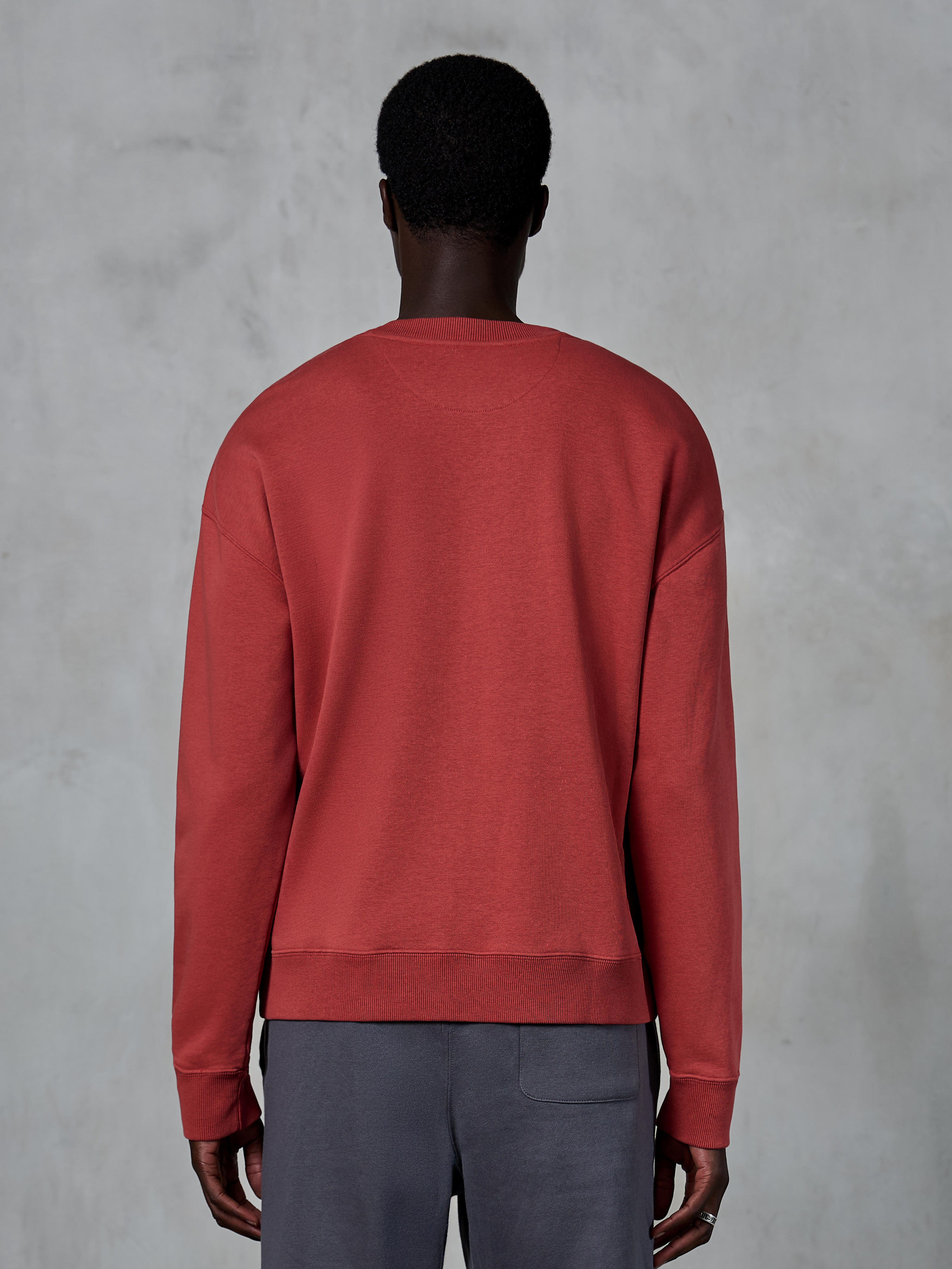 Alpinestars Essentials Ageless Crew, felpa girocollo rosso mattone, vista posteriore del modello che indossa il pullover con vestibilità rilassata, colletto e polsini a costine, streetwear casual ispirato al motorsport
