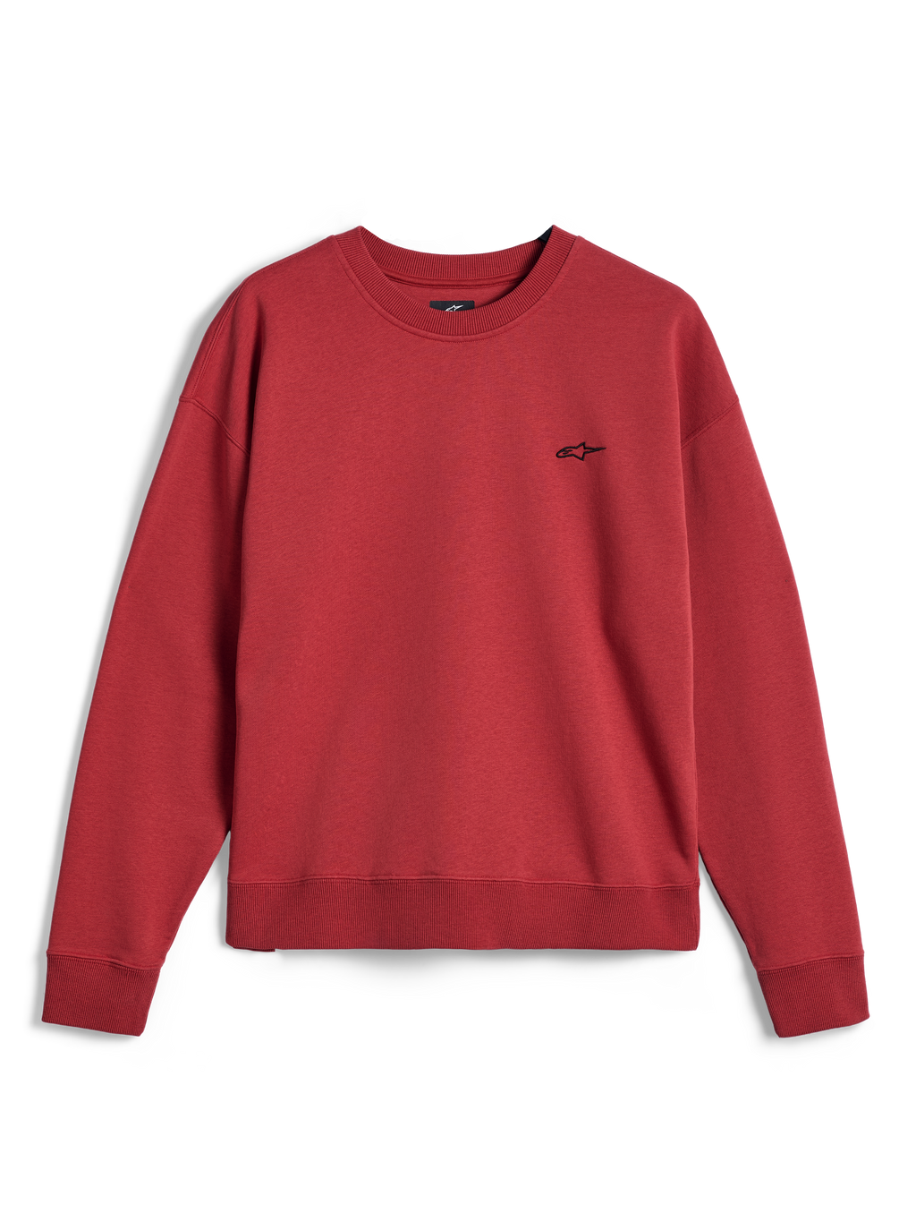 Alpinestars Essentials Ageless Crew, felpa girocollo in rosso Brick, con un piccolo logo Alpinestars nero sul petto, collo, polsini e orlo a costine, pile casual premium