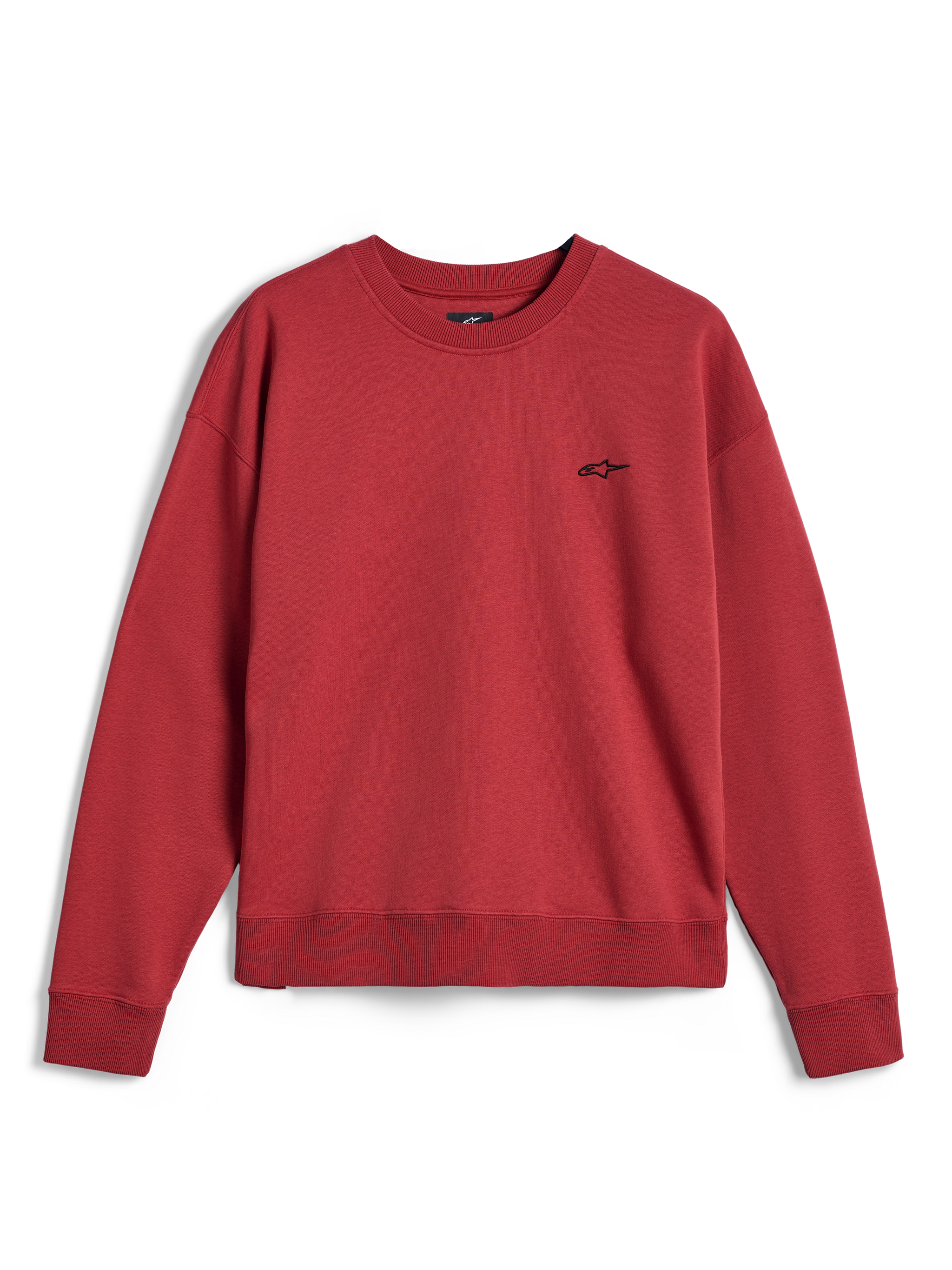 Alpinestars Essentials Ageless Crew, felpa girocollo in rosso Brick, con un piccolo logo Alpinestars nero sul petto, collo, polsini e orlo a costine, pile casual premium