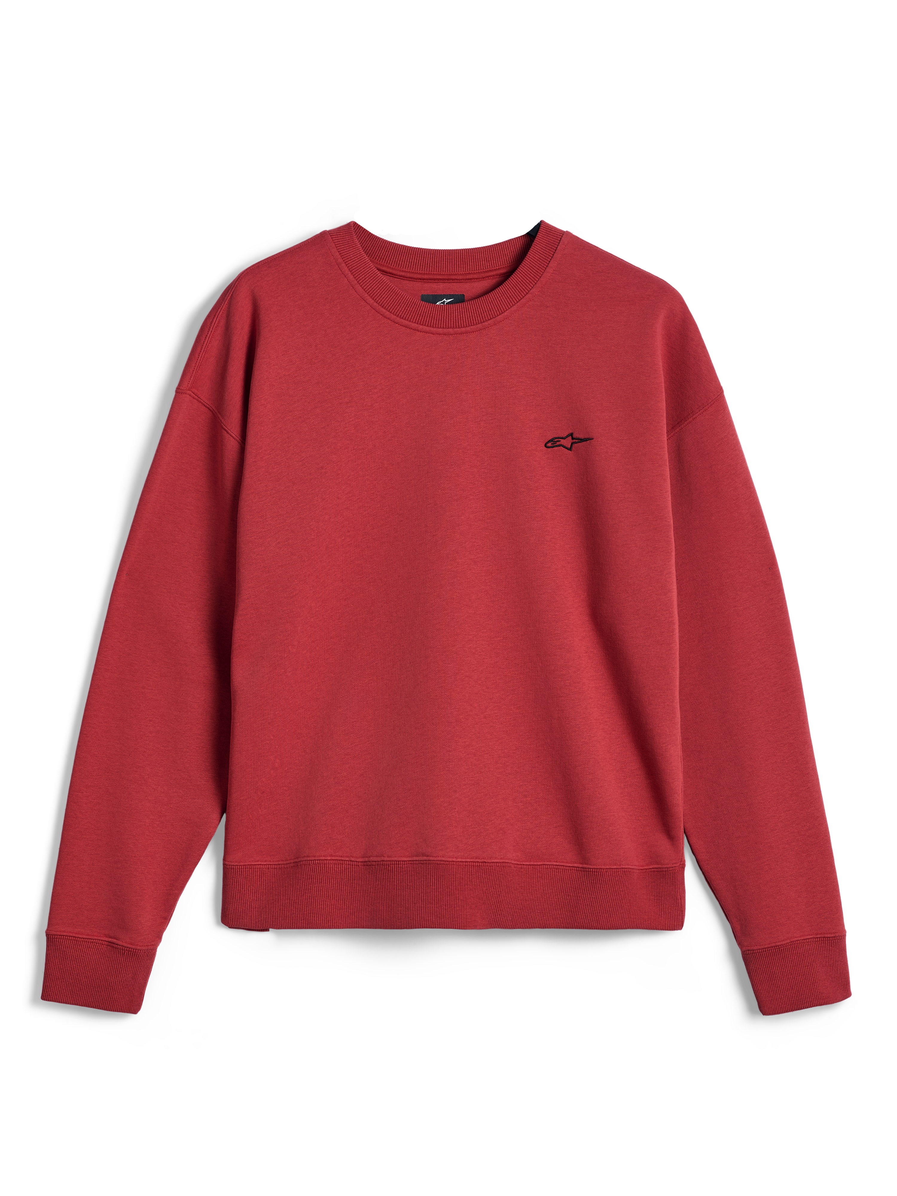 Alpinestars Essentials Ageless Crew, felpa girocollo in rosso Brick, con un piccolo logo Alpinestars nero sul petto, collo, polsini e orlo a costine, pile casual premium