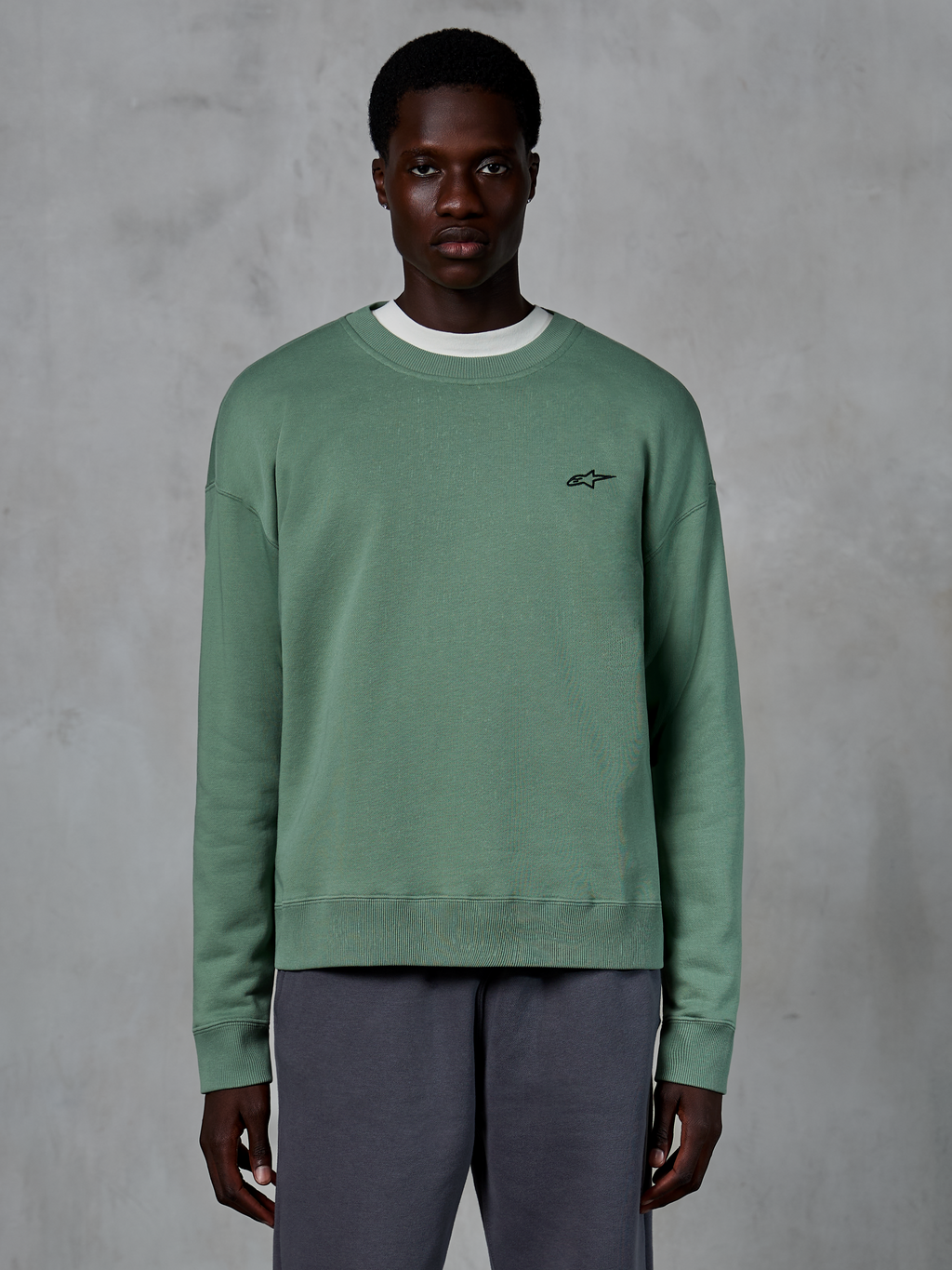 Alpinestars Essentials Ageless Crew, felpa casual girocollo, verde Cactus con piccolo logo a stella nero sul petto, colletto, polsini e orlo a costine, sportswear in pile compatto premium