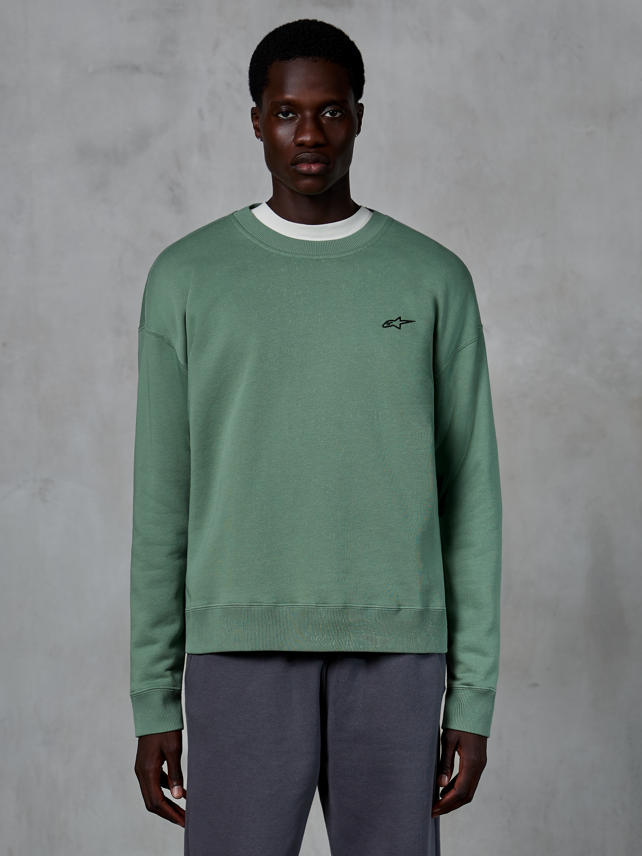 Alpinestars Essentials Ageless Crew, felpa casual girocollo, verde Cactus con piccolo logo a stella nero sul petto, colletto, polsini e orlo a costine, sportswear in pile compatto premium