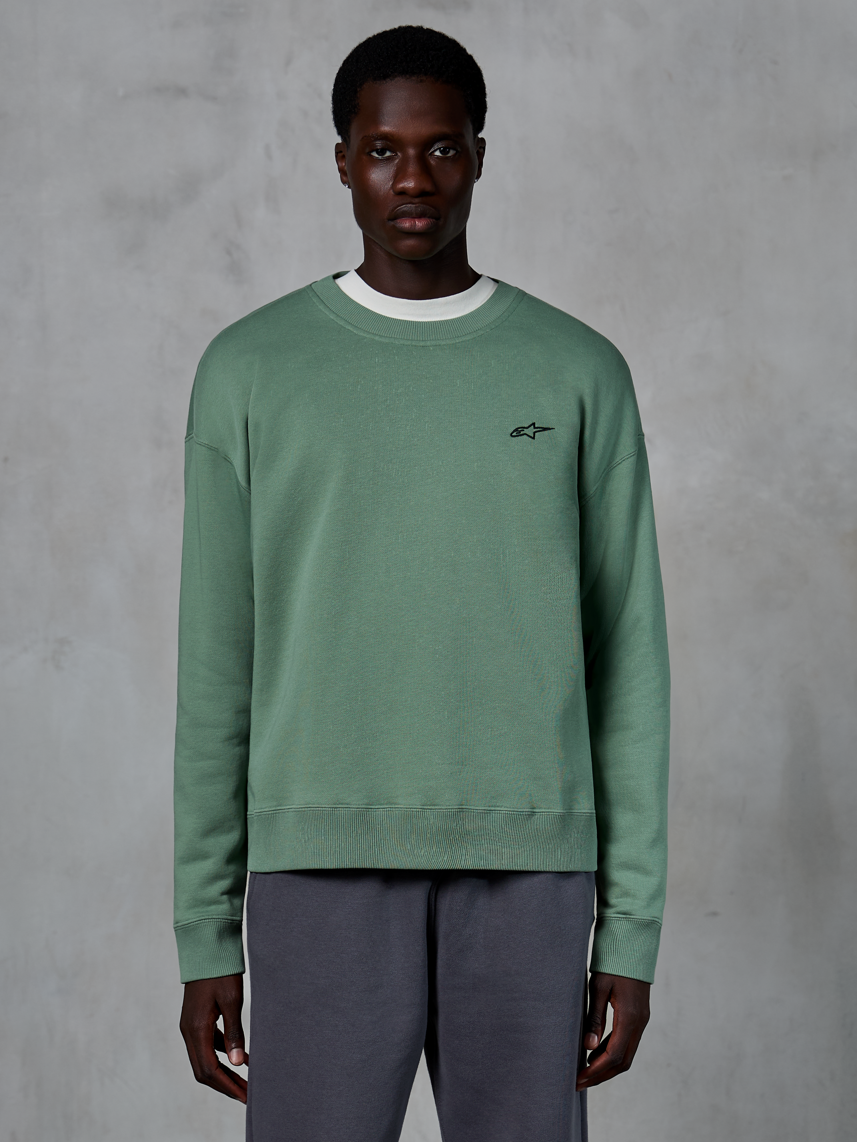 Alpinestars Essentials Ageless Crew, felpa casual girocollo, verde Cactus con piccolo logo a stella nero sul petto, colletto, polsini e orlo a costine, sportswear in pile compatto premium