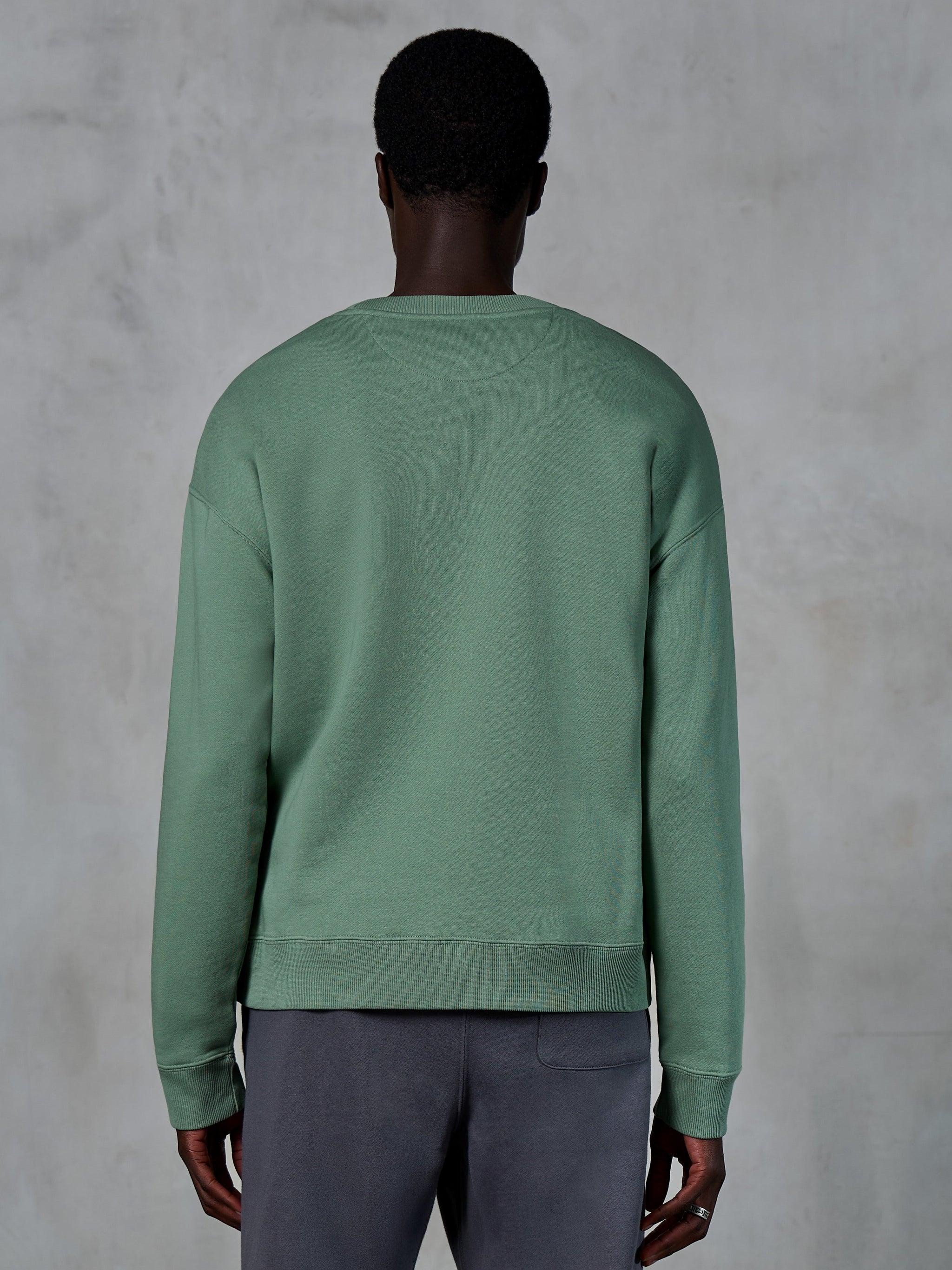 Alpinestars Essentials Ageless Crew, felpa girocollo, verde Cactus, vista posteriore sul modello, polsini e orlo a costine, pile compatto premium, abbigliamento casual streetwear