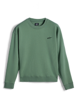 Alpinestars Essentials Ageless Crew, felpa girocollo, verde cactus, piccolo logo Astar nero sul petto, colletto, polsini e orlo a costine, pile premium, abbigliamento sportivo casual