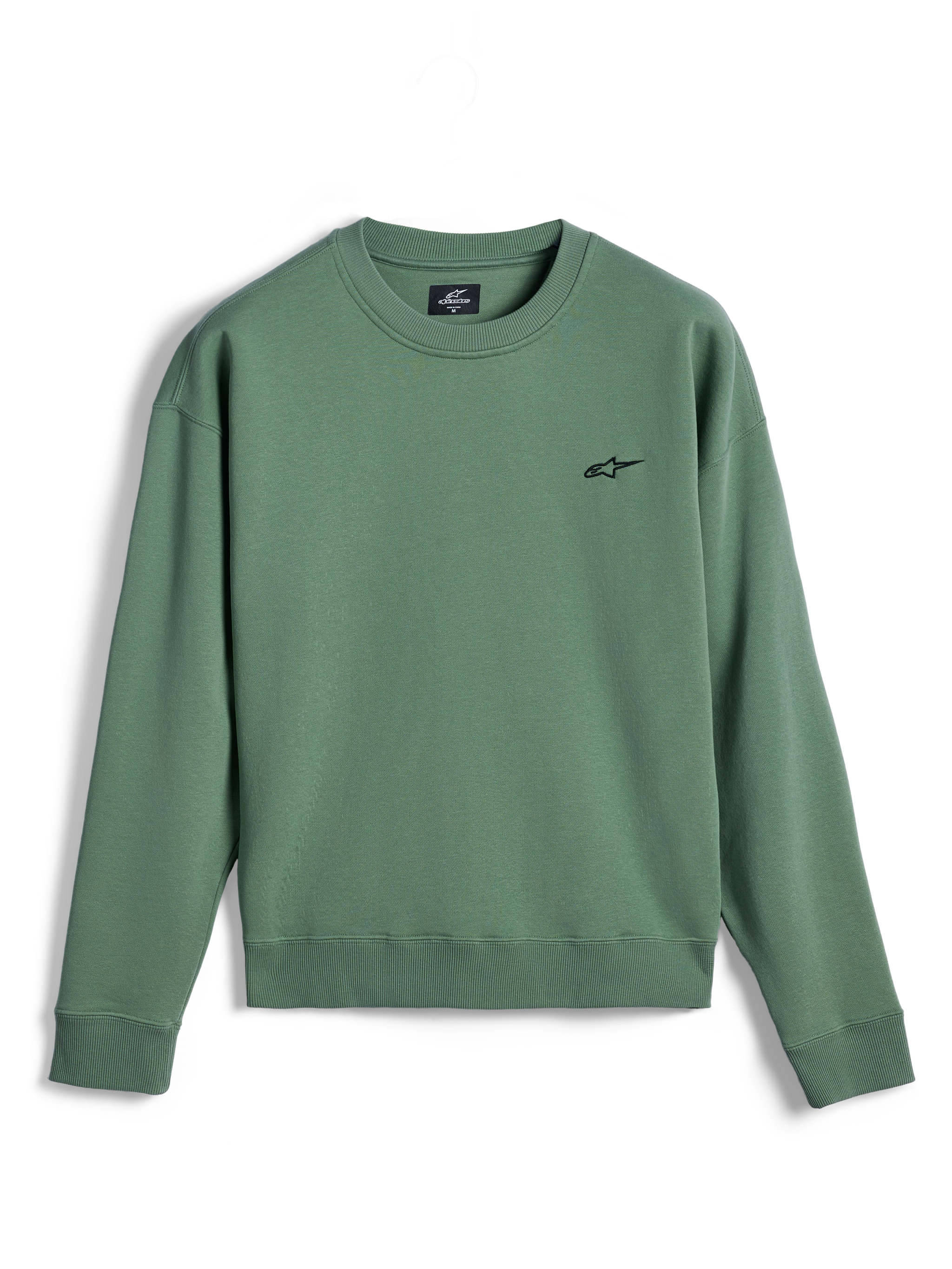 Alpinestars Essentials Ageless Crew, felpa girocollo, verde cactus, piccolo logo Astar nero sul petto, colletto, polsini e orlo a costine, pile premium, abbigliamento sportivo casual