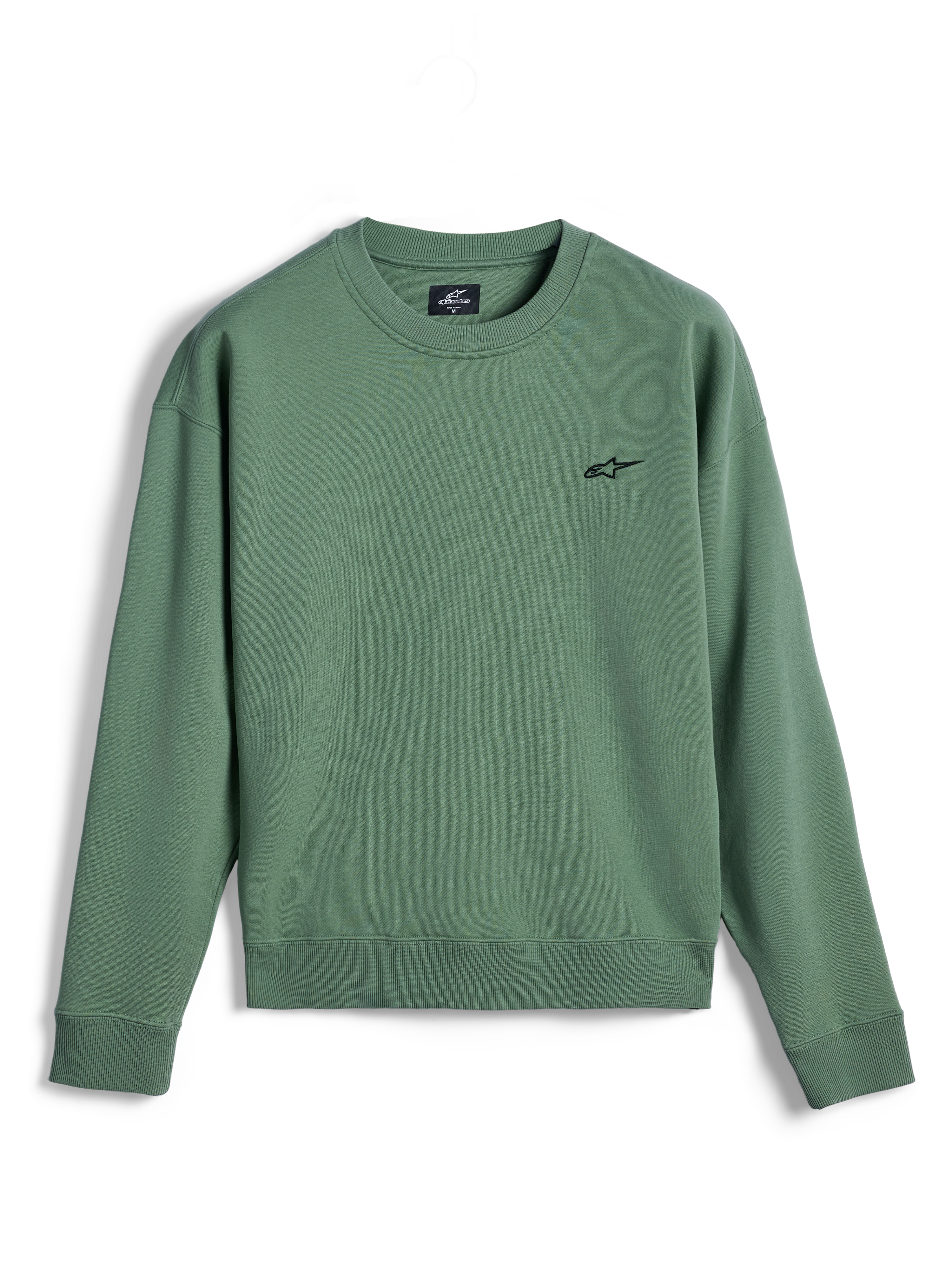 Alpinestars Essentials Ageless Crew, felpa girocollo, verde cactus, piccolo logo Astar nero sul petto, colletto, polsini e orlo a costine, pile premium, abbigliamento sportivo casual