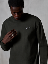 Alpinestars Essentials Ageless LS Tee, maglia a maniche lunghe, nero off black, piccolo logo Alpinestars bianco sul petto, vestibilità rilassata, jersey in cotone organico premium con finitura stone wash, abbigliamento lifestyle casual