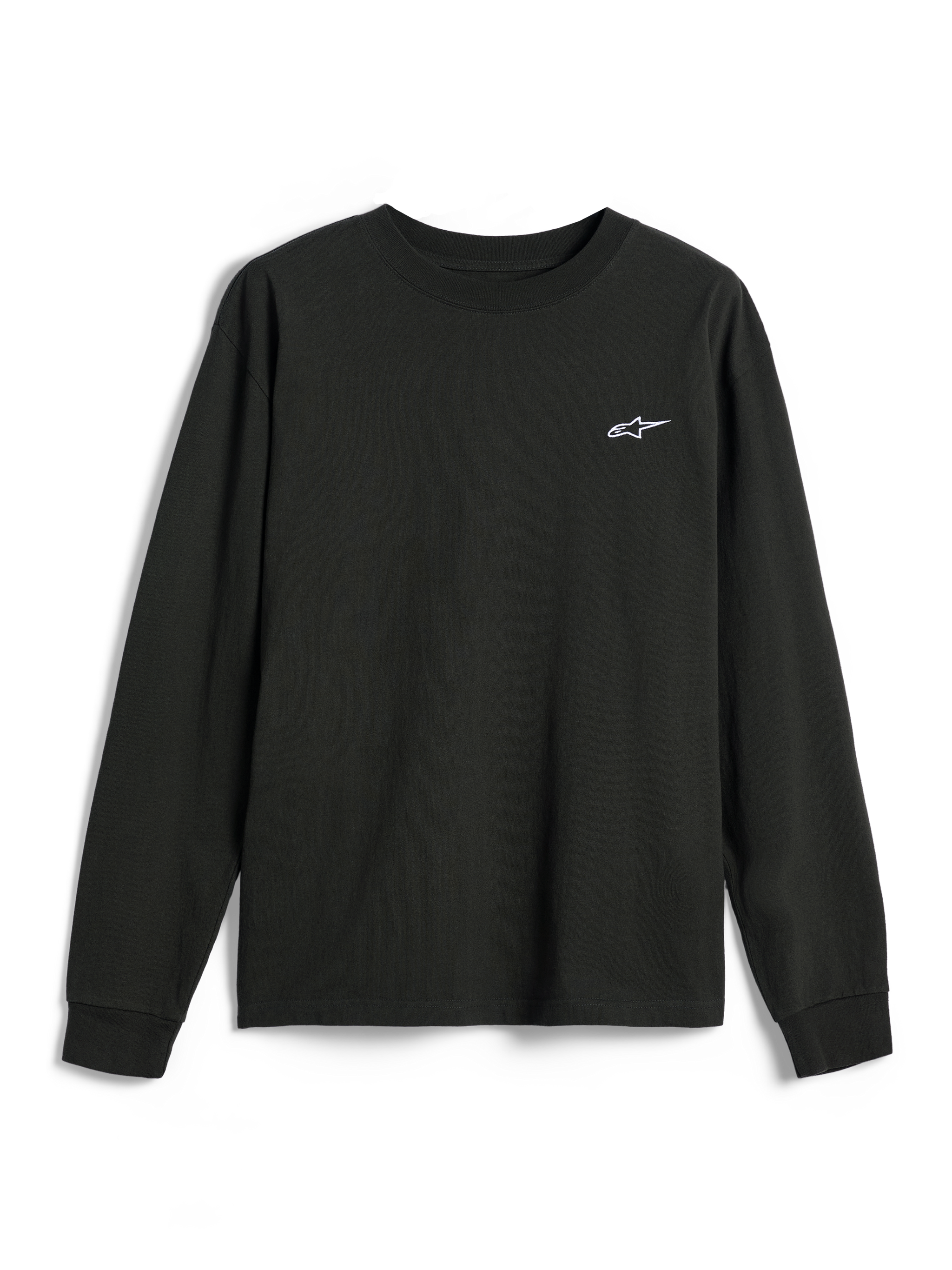 Alpinestars Essentials Ageless LS Tee, maglietta a maniche lunghe, nero Off Black, piccolo logo Alpinestars bianco sul petto, girocollo, vestibilità rilassata, stile casual lifestyle streetwear