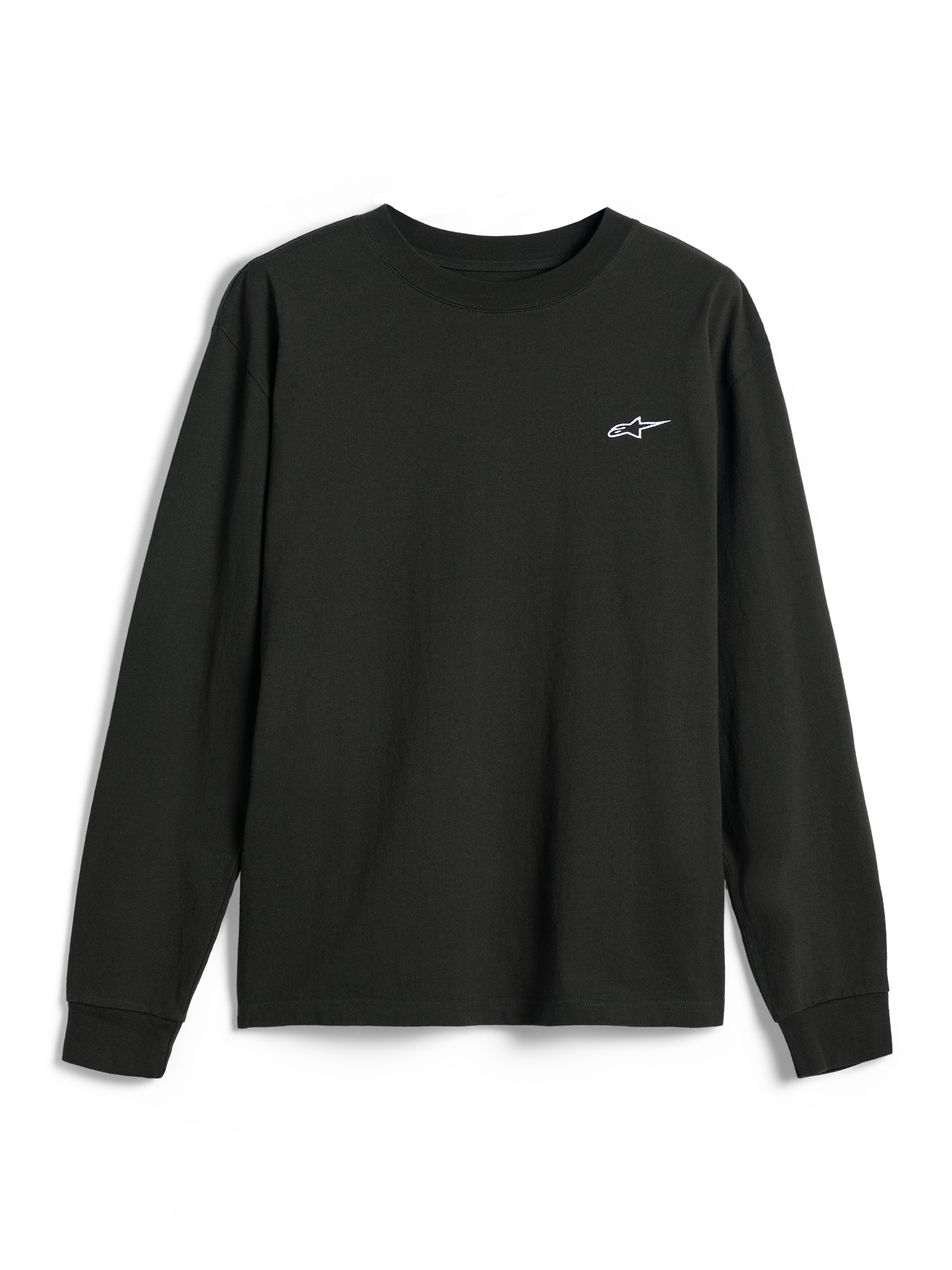 Alpinestars Essentials Ageless LS Tee, maglietta a maniche lunghe, nero Off Black, piccolo logo Alpinestars bianco sul petto, girocollo, vestibilità rilassata, stile casual lifestyle streetwear