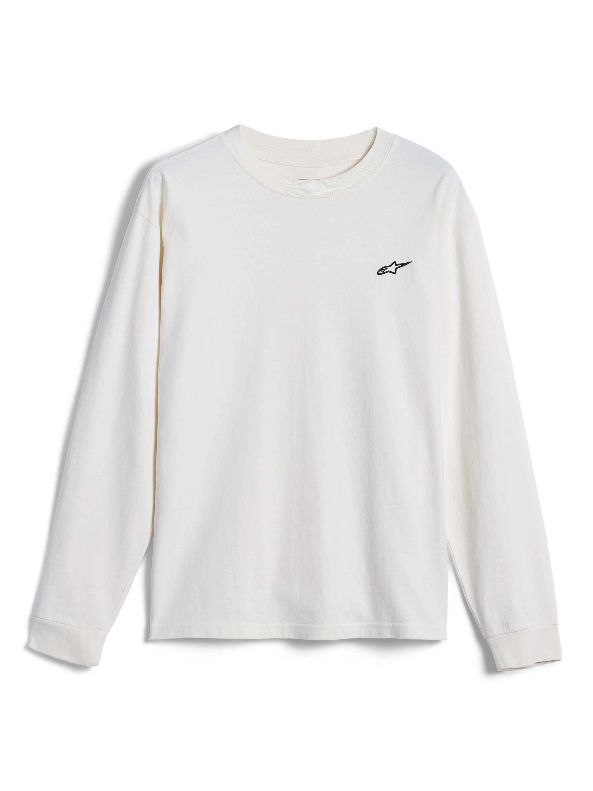 Alpinestars Essentials Ageless LS Tee, maglia a maniche lunghe, bianco sporco, con un piccolo logo Alpinestars nero sul petto, abbigliamento casual stile streetwear ispirato al motorsport