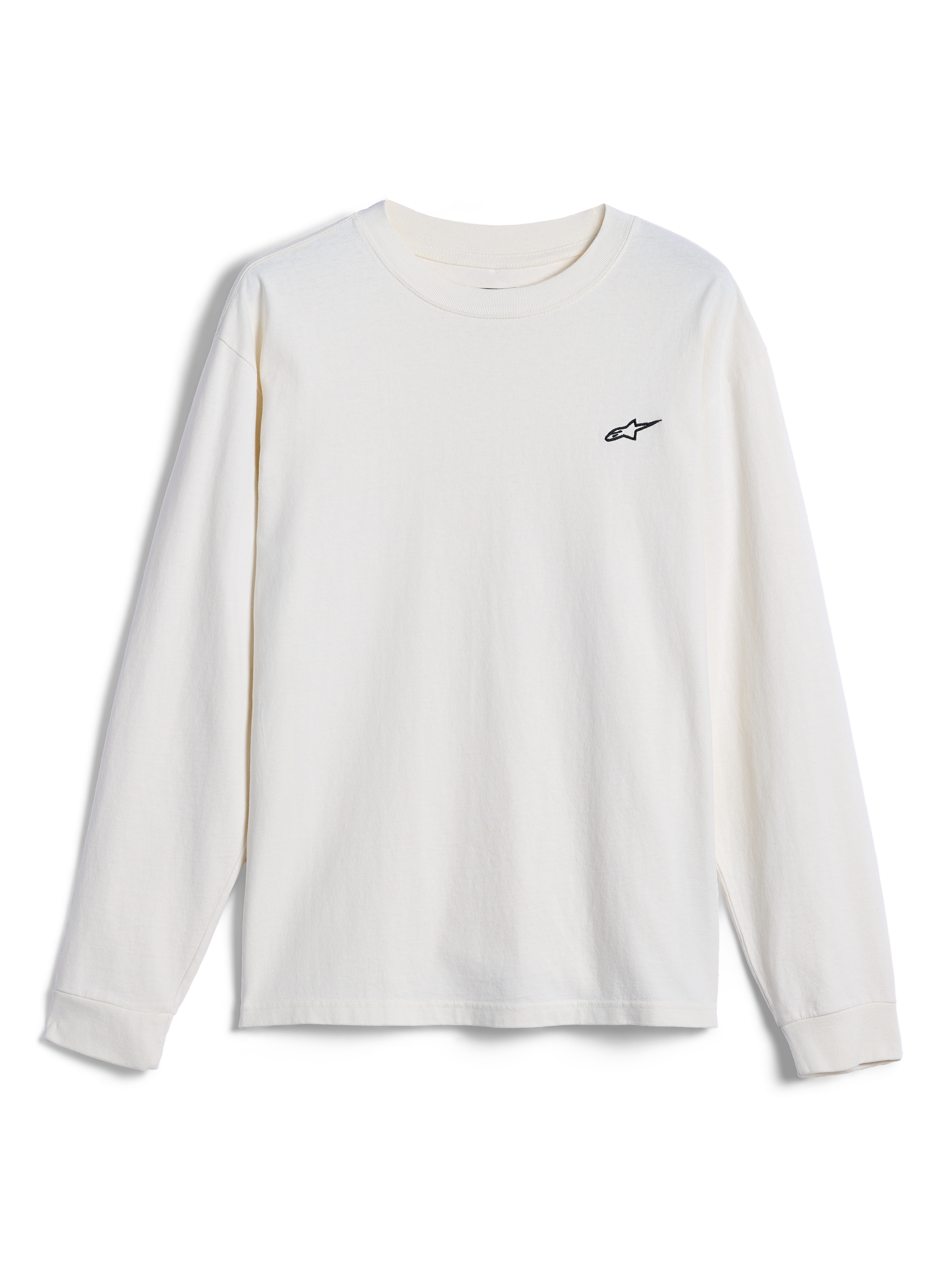 Alpinestars Essentials Ageless LS Tee, maglia a maniche lunghe, bianco sporco, con un piccolo logo Alpinestars nero sul petto, abbigliamento casual stile streetwear ispirato al motorsport