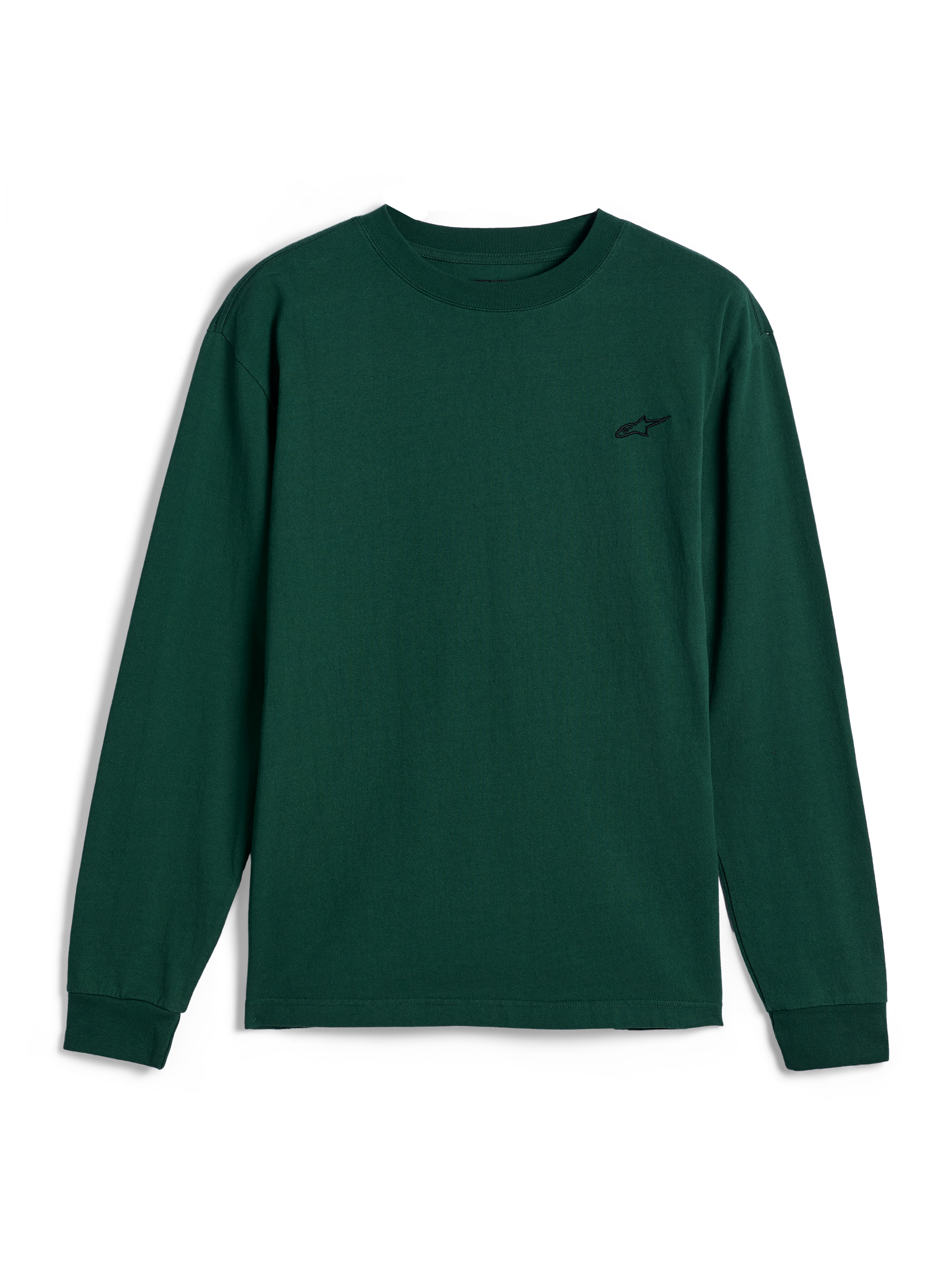 Alpinestars Essentials Ageless LS Tee, t-shirt a maniche lunghe, verde pino, piccolo logo nero ricamato sul petto a sinistra, streetwear casual ispirato al motorsport
