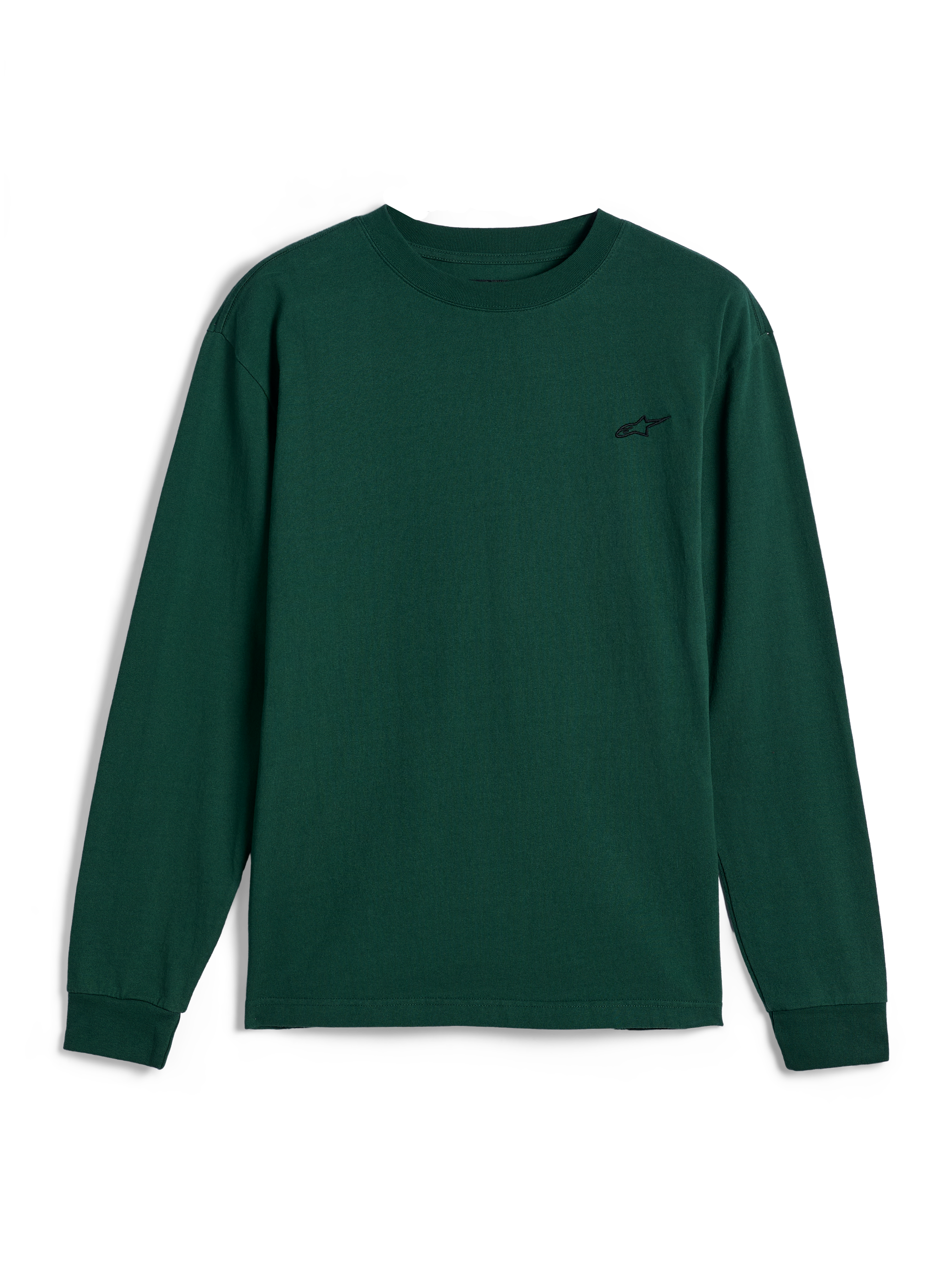 Alpinestars Essentials Ageless LS Tee, t-shirt a maniche lunghe, verde pino, piccolo logo nero ricamato sul petto a sinistra, streetwear casual ispirato al motorsport