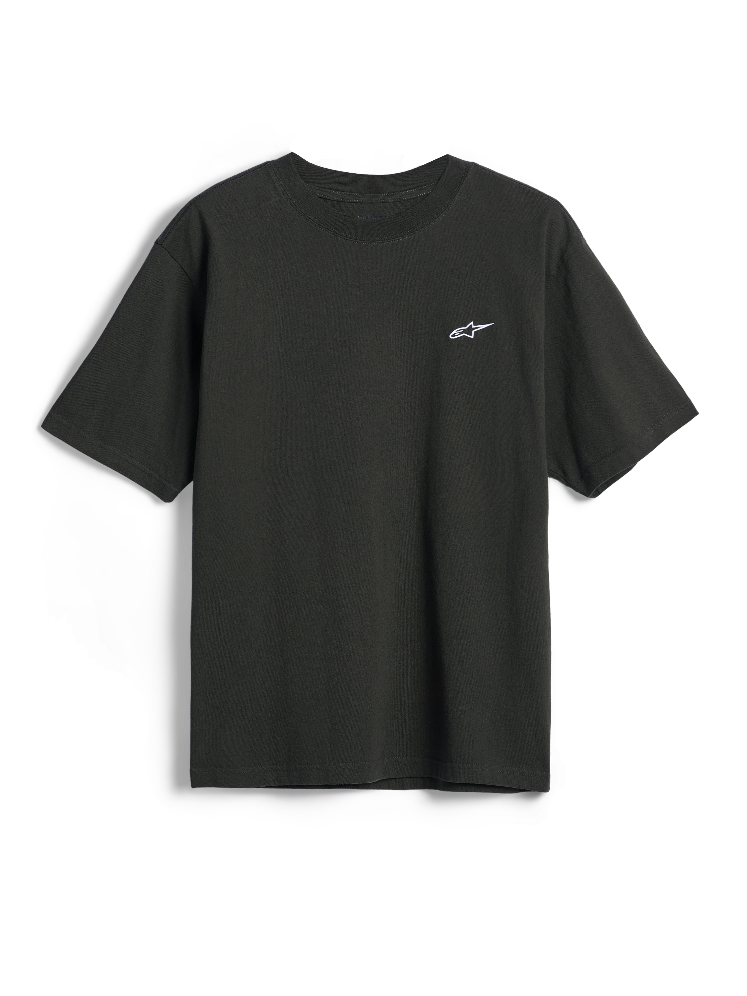Alpinestars Essentials Ageless SS Tee, maglietta a maniche corte, nero, piccolo logo a stella Alpinestars bianco sul petto, abbigliamento casual motorsport streetwear