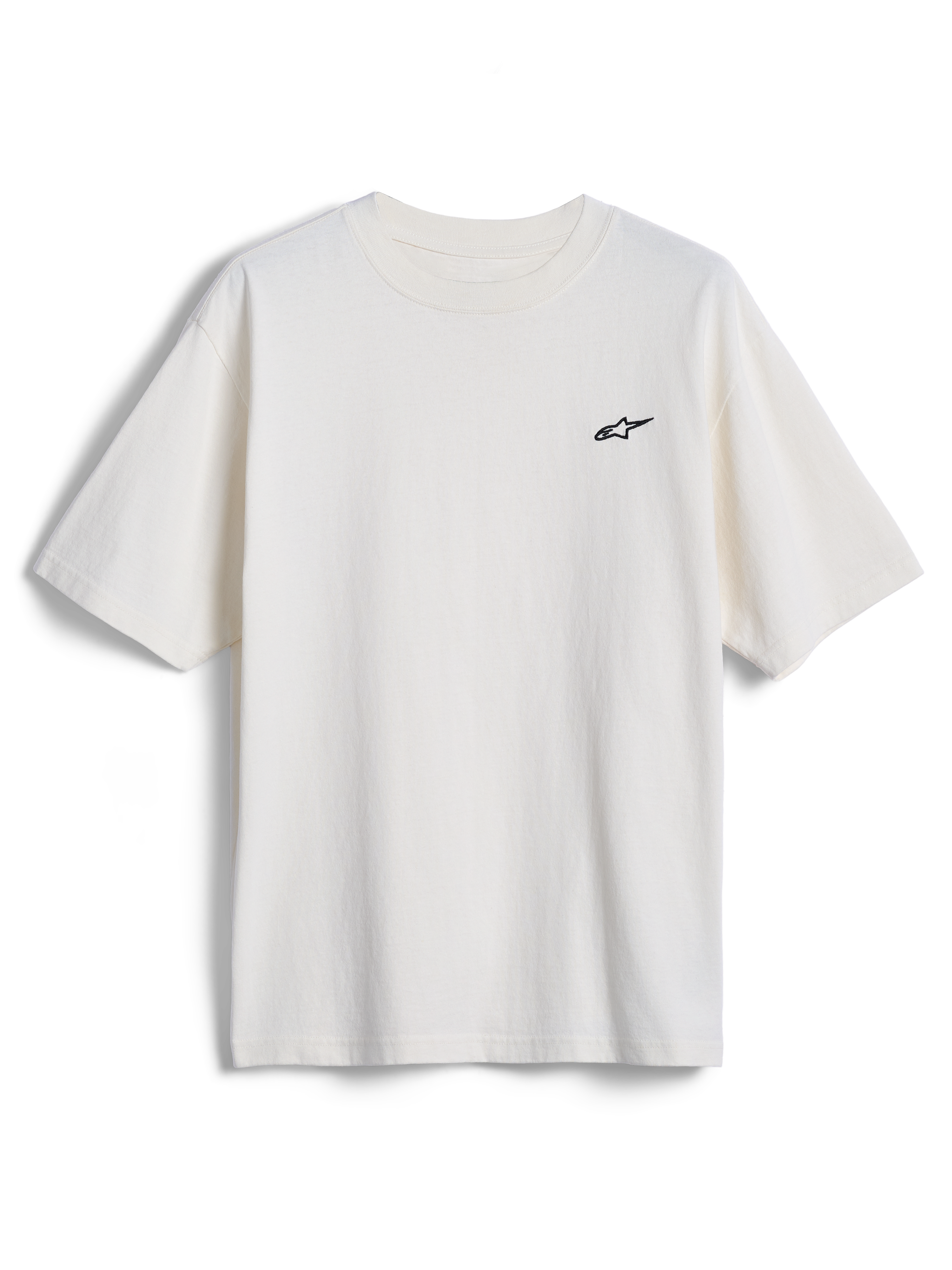 Alpinestars Essentials Ageless SS Tee, t-shirt a maniche corte, bianco sporco, piccolo logo Alpinestars a stella nero sul petto, streetwear casual ispirato al motorsport