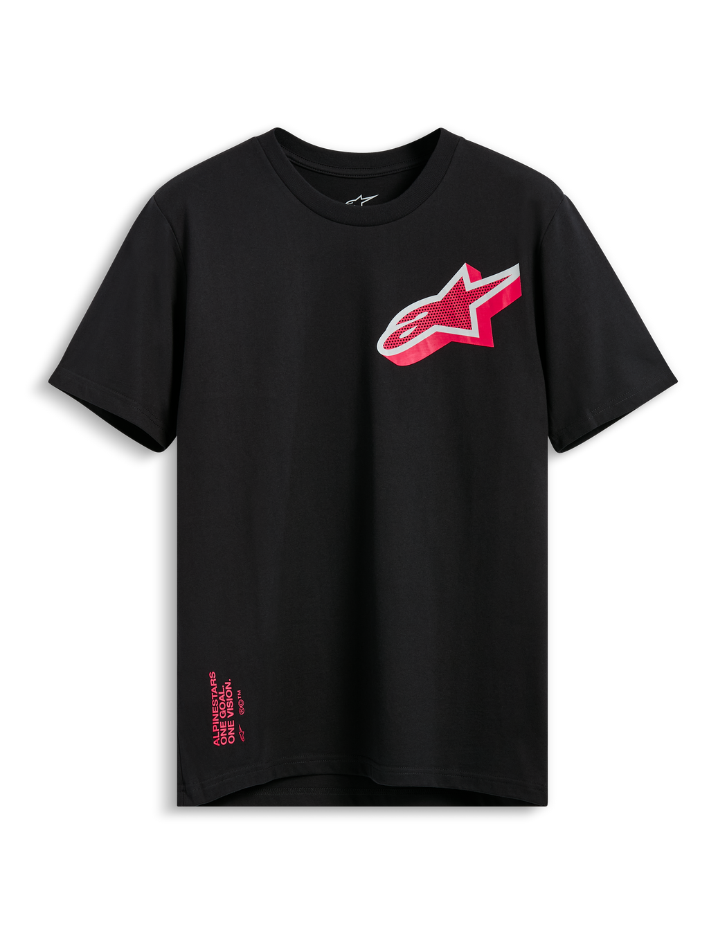 T-shirt Alpinestars Shaded CSF, maglietta a maniche corte, nero, logo Astars inclinato con sfumatura rosa e bianco, abbigliamento casual motorsport