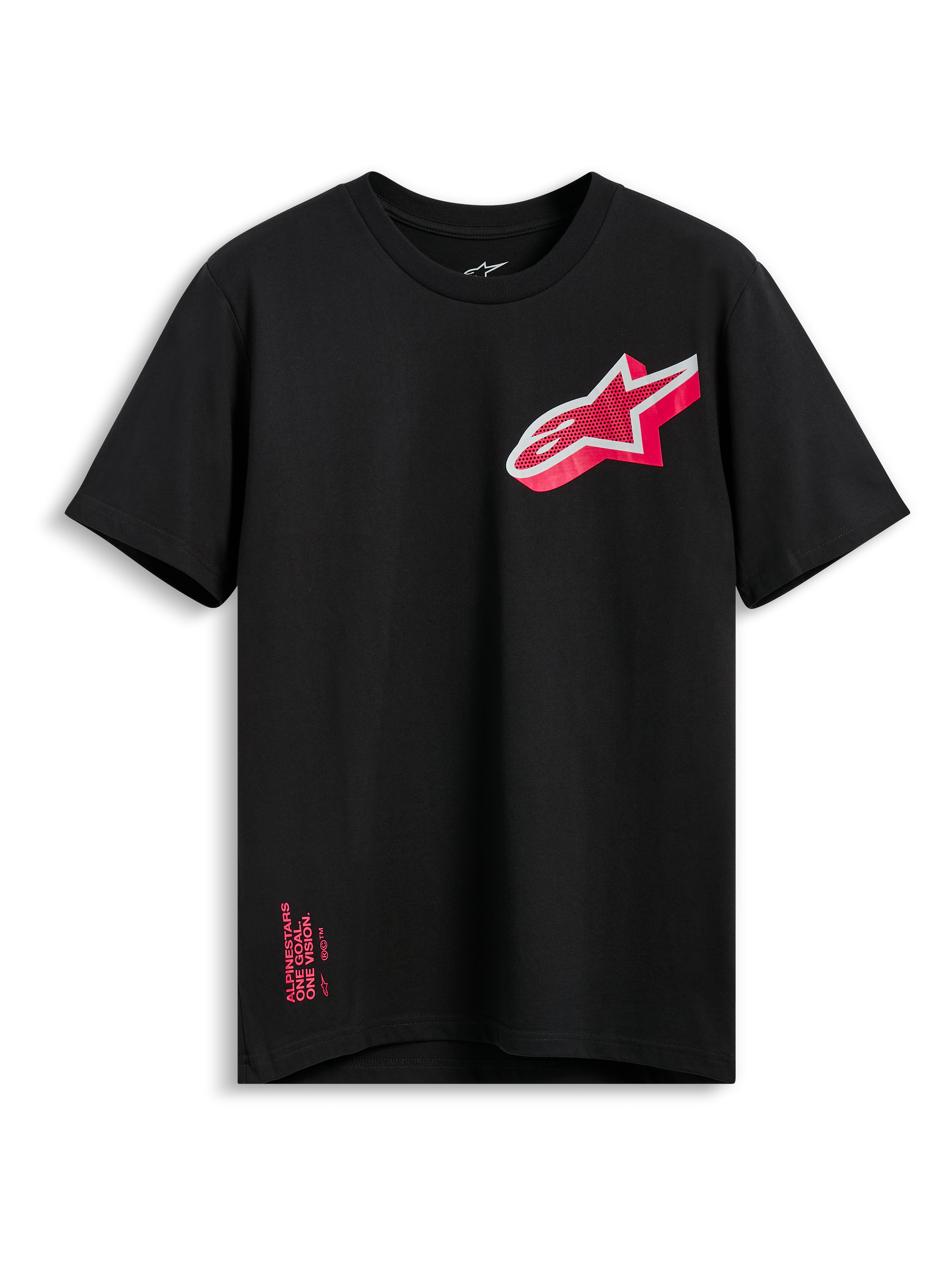 T-shirt Alpinestars Shaded CSF, maglietta a maniche corte, nero, logo Astars inclinato con sfumatura rosa e bianco, abbigliamento casual motorsport