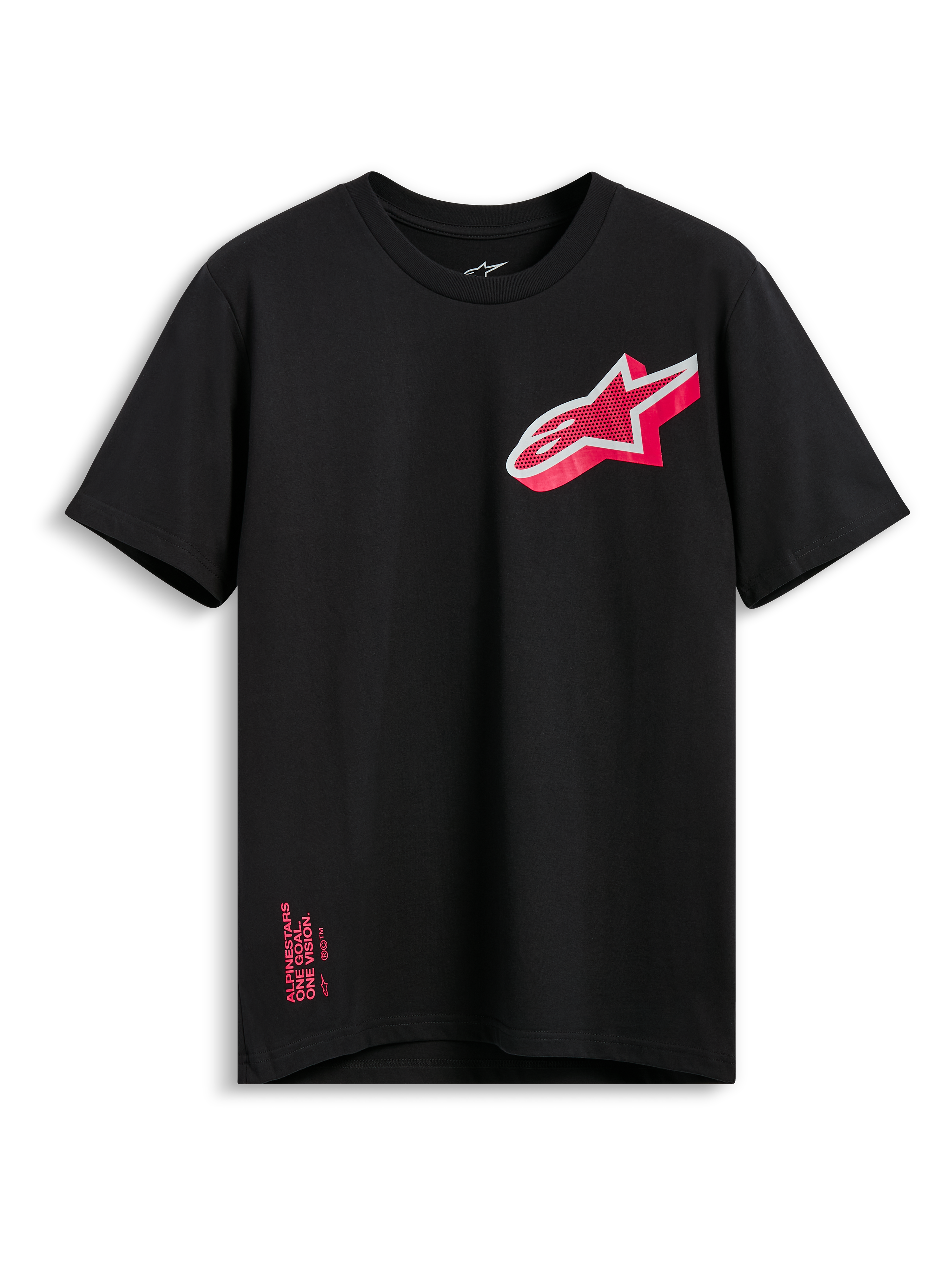 T-shirt Alpinestars Shaded CSF, maglietta a maniche corte, nero, logo Astars inclinato con sfumatura rosa e bianco, abbigliamento casual motorsport