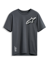 Maglietta Alpinestars Shaded CSF, t-shirt a maniche corte, grigio antracite, logo Astars bianco e nero inclinato sul petto, scritta Alpinestars One Goal One Vision sull'orlo inferiore, streetwear casual motorsport
