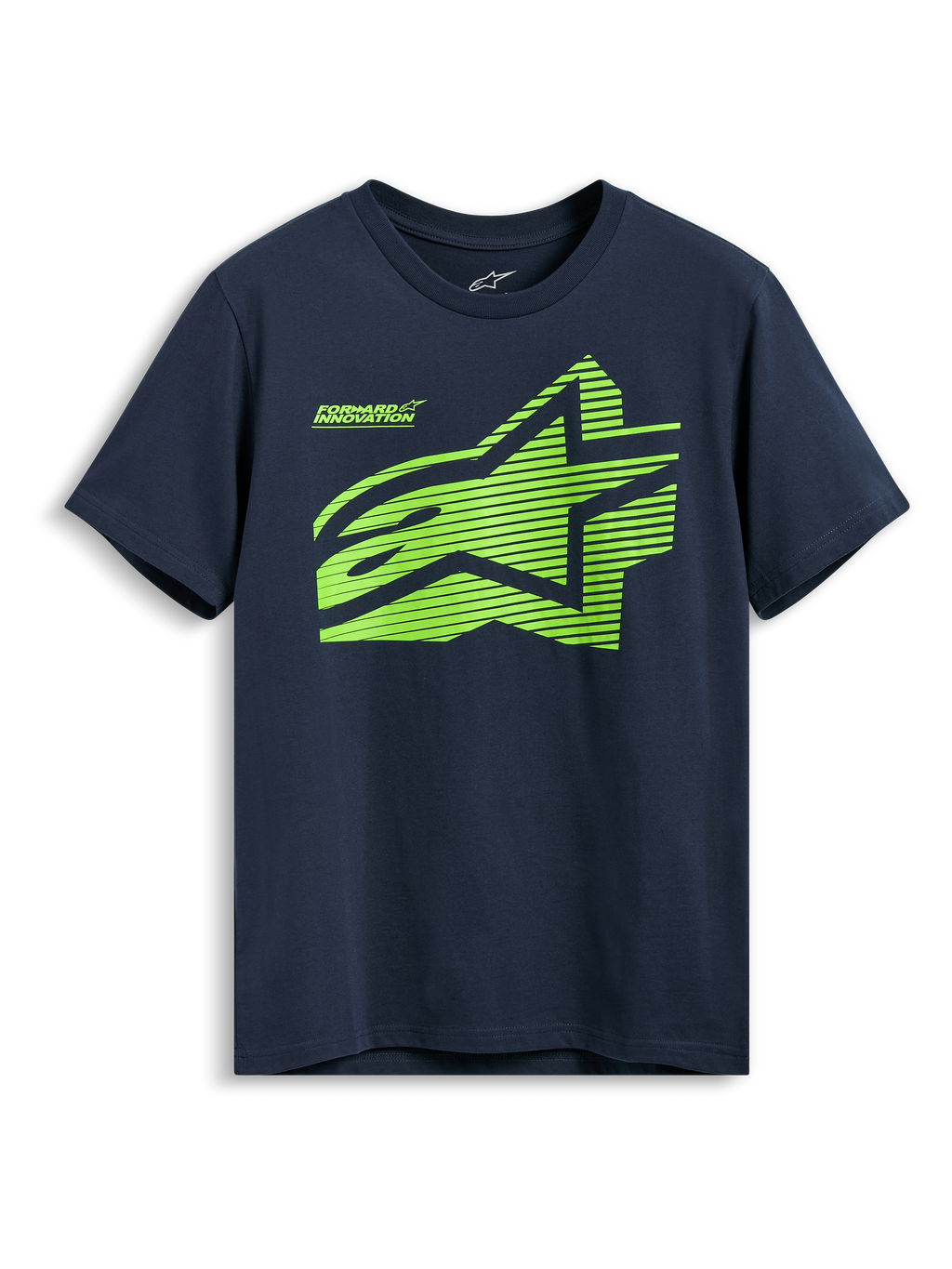 Alpinestars Fasting CSF Tee, maglietta a maniche corte, blu navy, logo geometrico Astars verde lime con testo Forward Innovation, abbigliamento sportivo casual