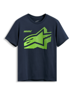 Alpinestars Fasting CSF Tee, maglietta a maniche corte, blu navy, logo geometrico Astars verde lime con testo Forward Innovation, abbigliamento sportivo casual