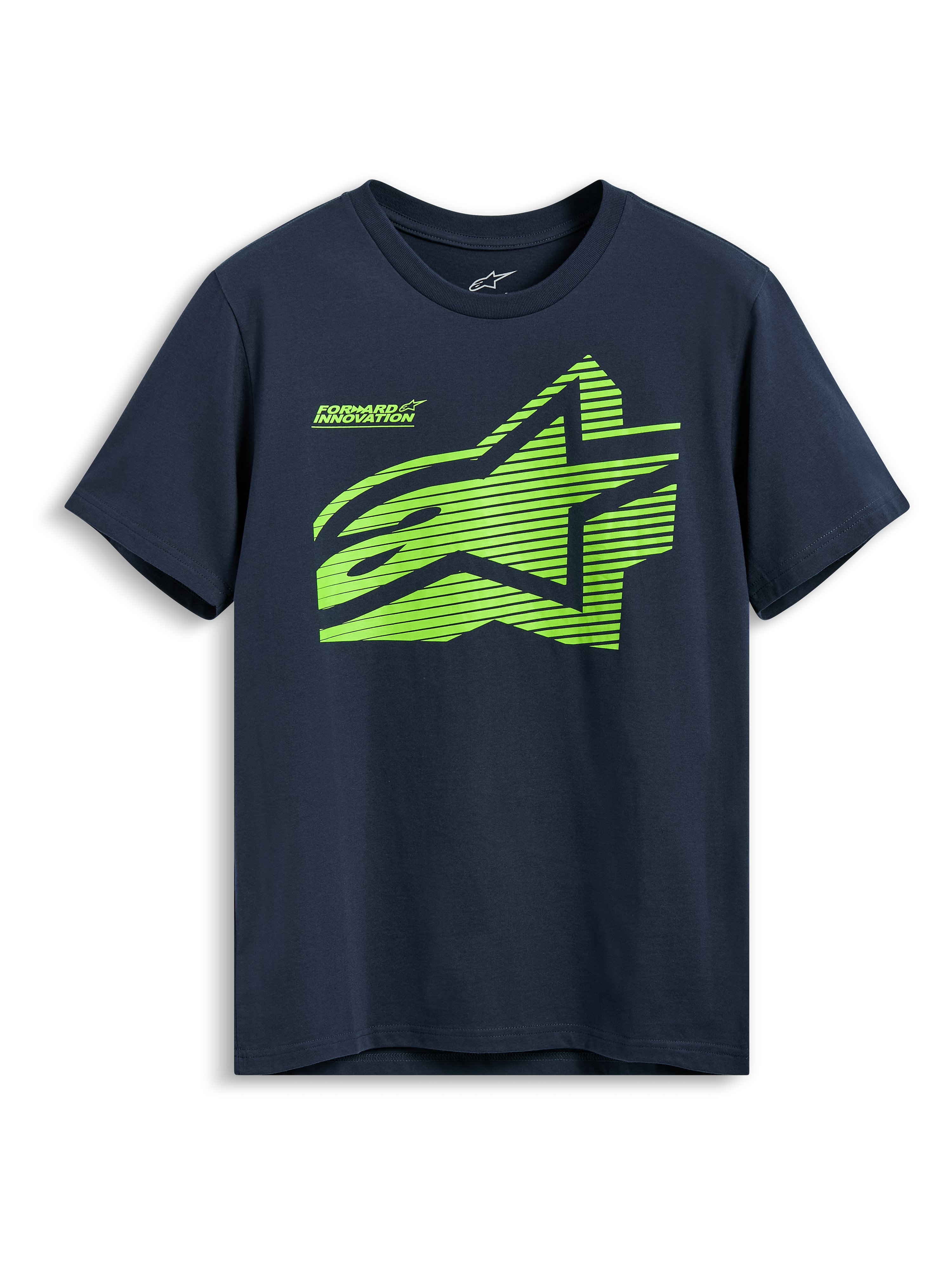 Alpinestars Fasting CSF Tee, maglietta a maniche corte, blu navy, logo geometrico Astars verde lime con testo Forward Innovation, abbigliamento sportivo casual