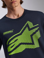 Alpinestars Fasting CSF Tee, t-shirt a maniche corte, blu navy, logo Astars geometrico verde lime con linee orizzontali e scritta 'Forward Innovation', abbigliamento sportivo casual