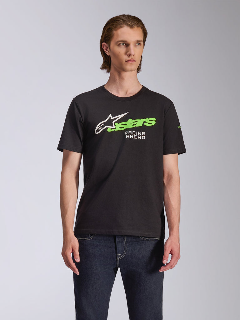 Alpinestars Entitled CSF Tee, t-shirt a maniche corte, nero, con logo Alpinestars bianco e verde lime e scritta 'Racing Ahead', design casual ispirato al motorsport