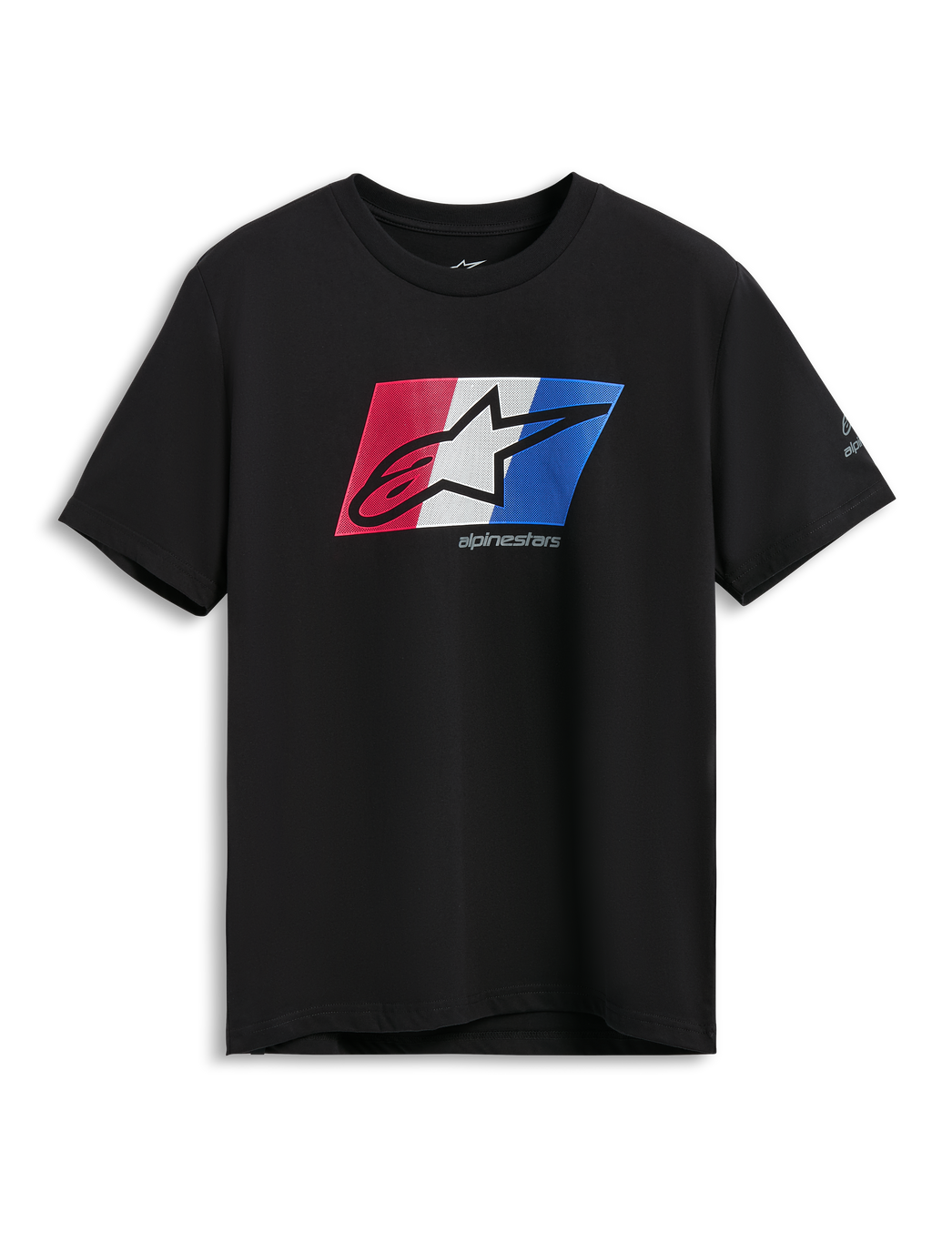 Alpinestars Global CSF Tee, maglietta a maniche corte, nero, grafica con logo Ageless in ombra rosso, bianco e blu, abbigliamento sportivo casual motorsport