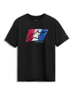 Alpinestars Global CSF Tee, maglietta a maniche corte, nero, grafica con logo Ageless in ombra rosso, bianco e blu, abbigliamento sportivo casual motorsport
