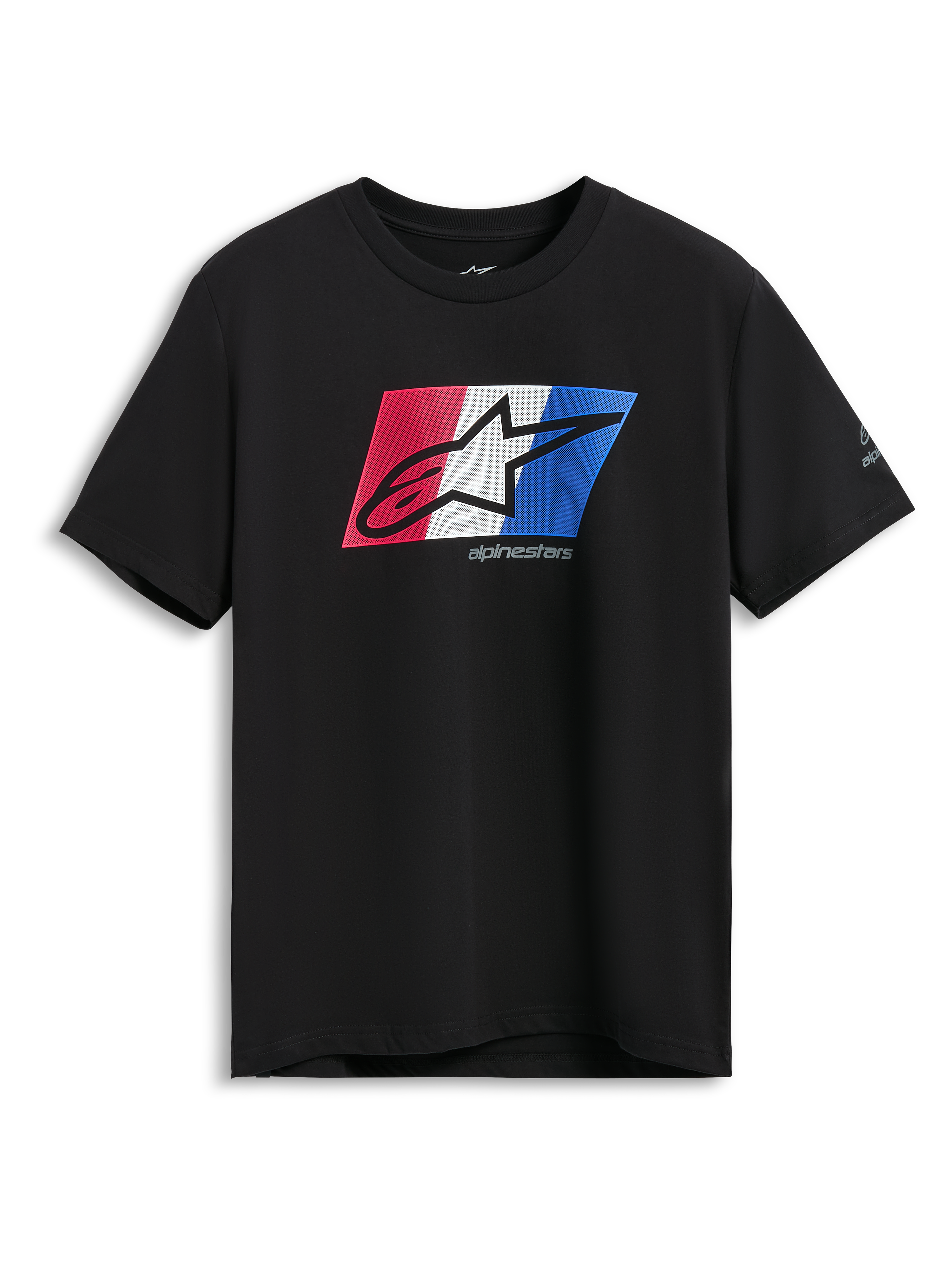Alpinestars Global CSF Tee, maglietta a maniche corte, nero, grafica con logo Ageless in ombra rosso, bianco e blu, abbigliamento sportivo casual motorsport